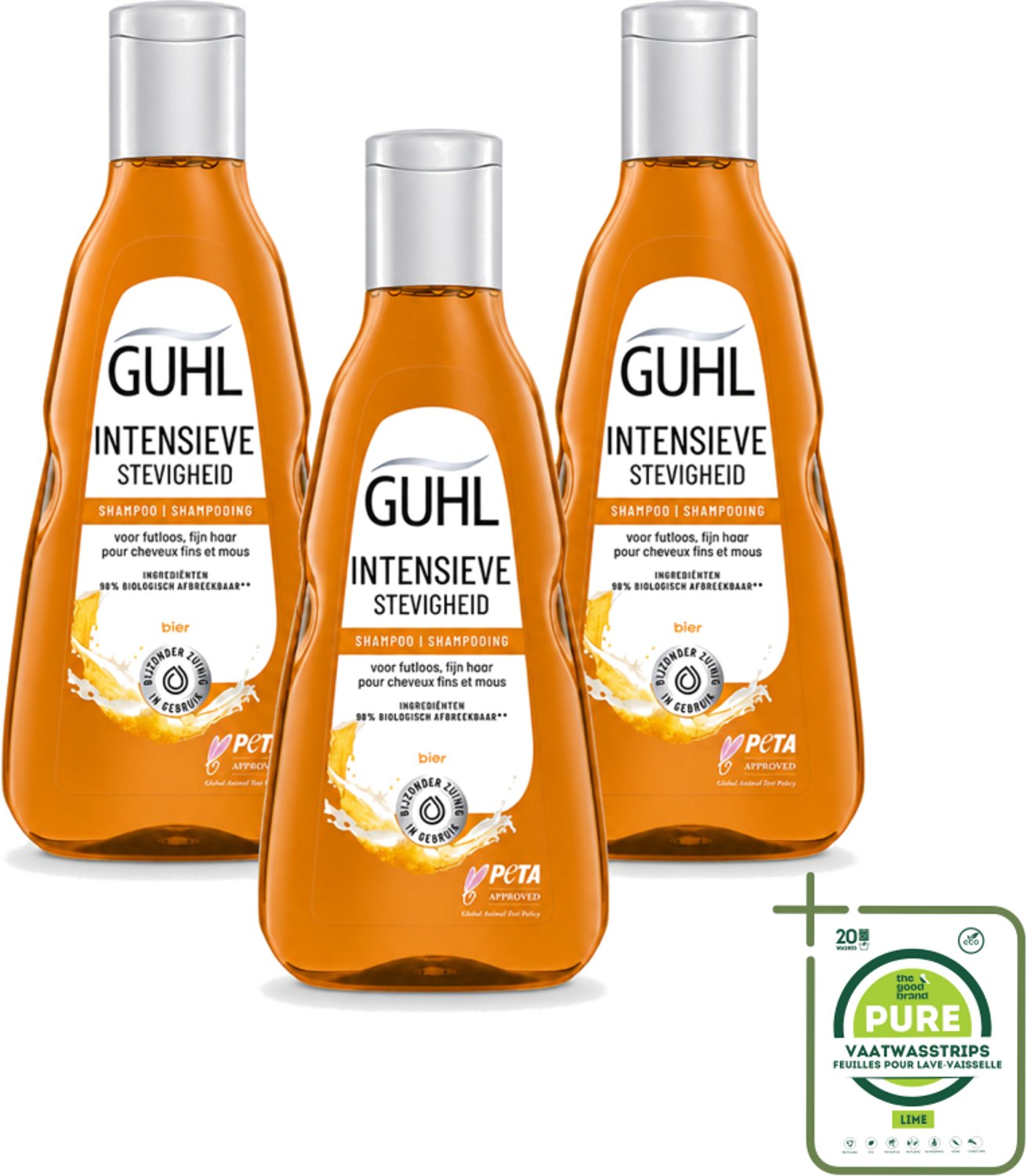 3 x Guhl - Shampoo - Intensieve Stevigheid - 250 ml - Grootverpakking - Vaatwasstrips - Haarversterking - Volume - Stevigheid - Bierextract - Krachtig Haar