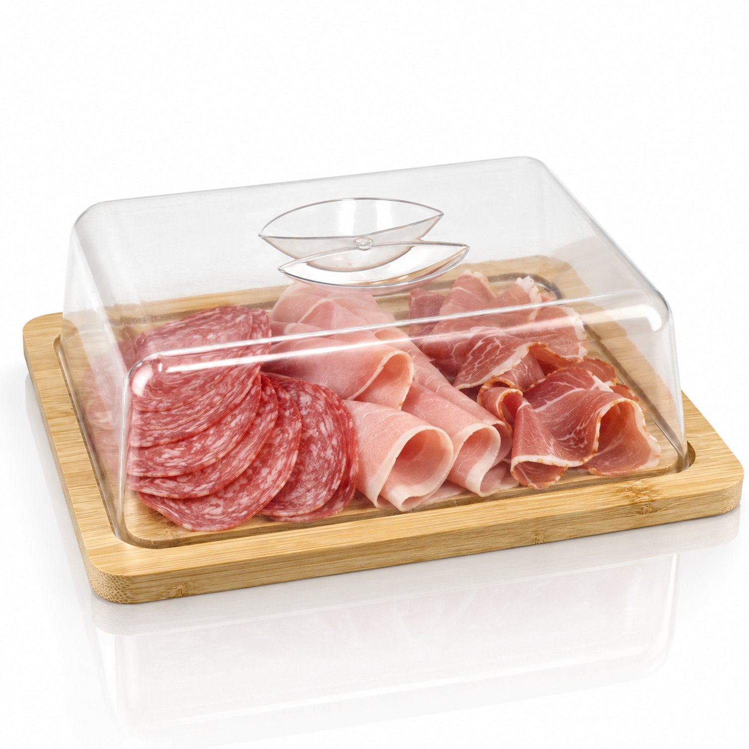 Kaasstolp met Bamboe Kaasplank 24,5 x 19,5 cm – Transparante Kap – Borrelplank en Serveerplank voor Kaas, Vleeswaren, Hapjes, Cake en Broodjes