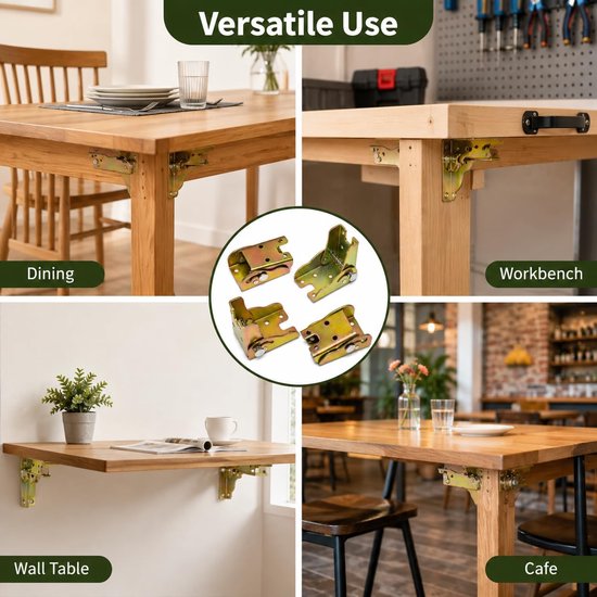 4 stuks klapscharnieren, 90° zelfborgende, klapconsole voor tafelpoten, inklapbaar meubelbeslag met vergrendeling, stabiele houder voor tafel, kast, werkbank, eenvoudige montage — afbeelding 5