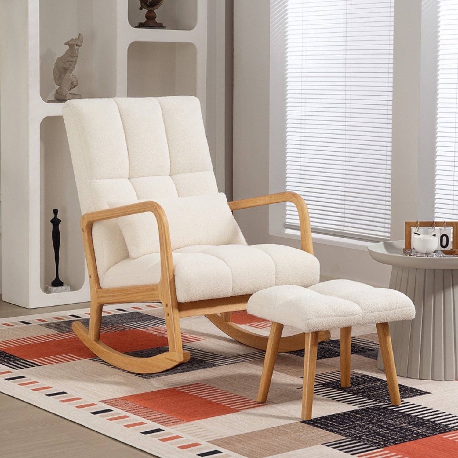 DESMIU Schommelstoel Met Hocker 64,5 x 82 x 99 cm - Zacht Fleece En Hoge Rugleuning - Voor Woonkamer En Slaapkamer - Houten Frame - Wit