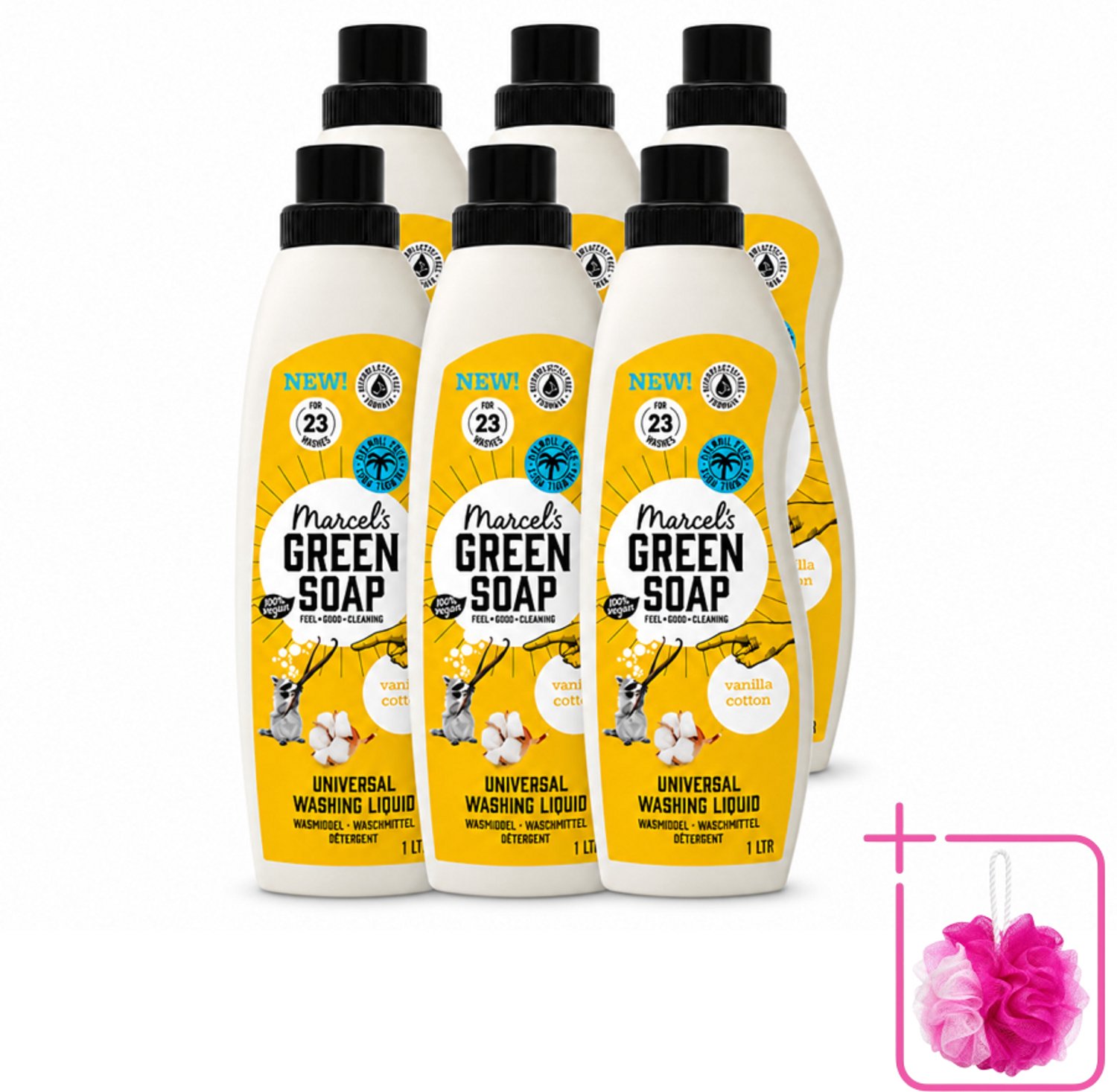 6 x Marcel's Green Soap - Vloeibaar Wasmiddel - Katoen & Vanille - Effectief & natuurlijk - 23 Wasbeurten - 1 Liter - Bulkverpakking - Wasmiddel - Douchemop - Natuurlijke zeep