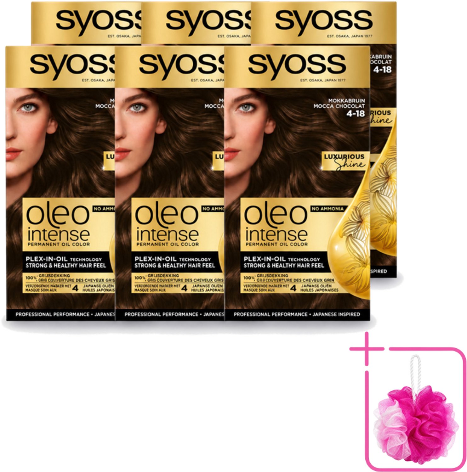 6 x SYOSS - Oleo Intense 4-18 - Haarverf - Permanente Haarkleuring - Mokkabruin - Langdurige Kleur - Bulkverpakking - Haarkleur - Douchemop - Haarkleuring