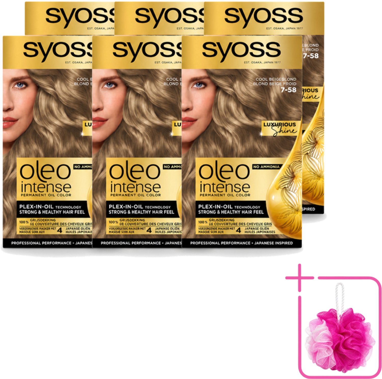 6 x SYOSS - Oleo Intense 7-58 Cool Beige Blond - Haarverf - Zonder Ammoniak - Grijsdekking - Langdurige Kleur - Bulkverpakking - Haarkleuring zonder ammoniak - Douchemop - Olijfkleur