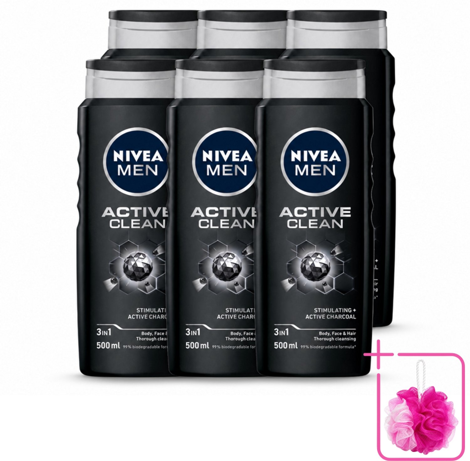 6 x NIVEA MEN - Douchegel - Active Clean - 500 ml - Bulkverpakking - Douchegel mannen - Douchemop - Actief houtskool