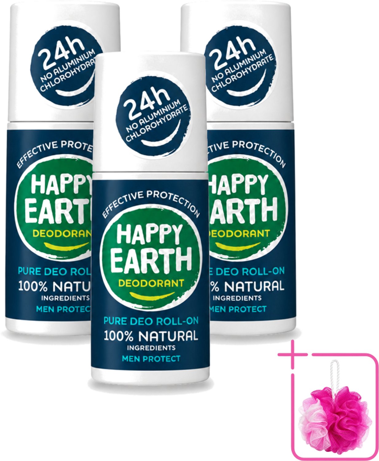 3 x Happy Earth – Deodorant Roll-On – 100% Natuurlijk Men Protect – 75 ml - Bulkverpakking - Natuurlijke deodorant voor mannen - Frisse geur