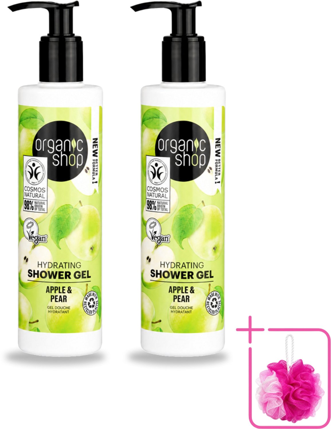 2 x Organic Shop - Douchegel Apple & Pear - Verfrissend en Hydraterend - 280 ml - Bulkverpakking - Douchegel - Douchemop - Natuurlijke douchegel