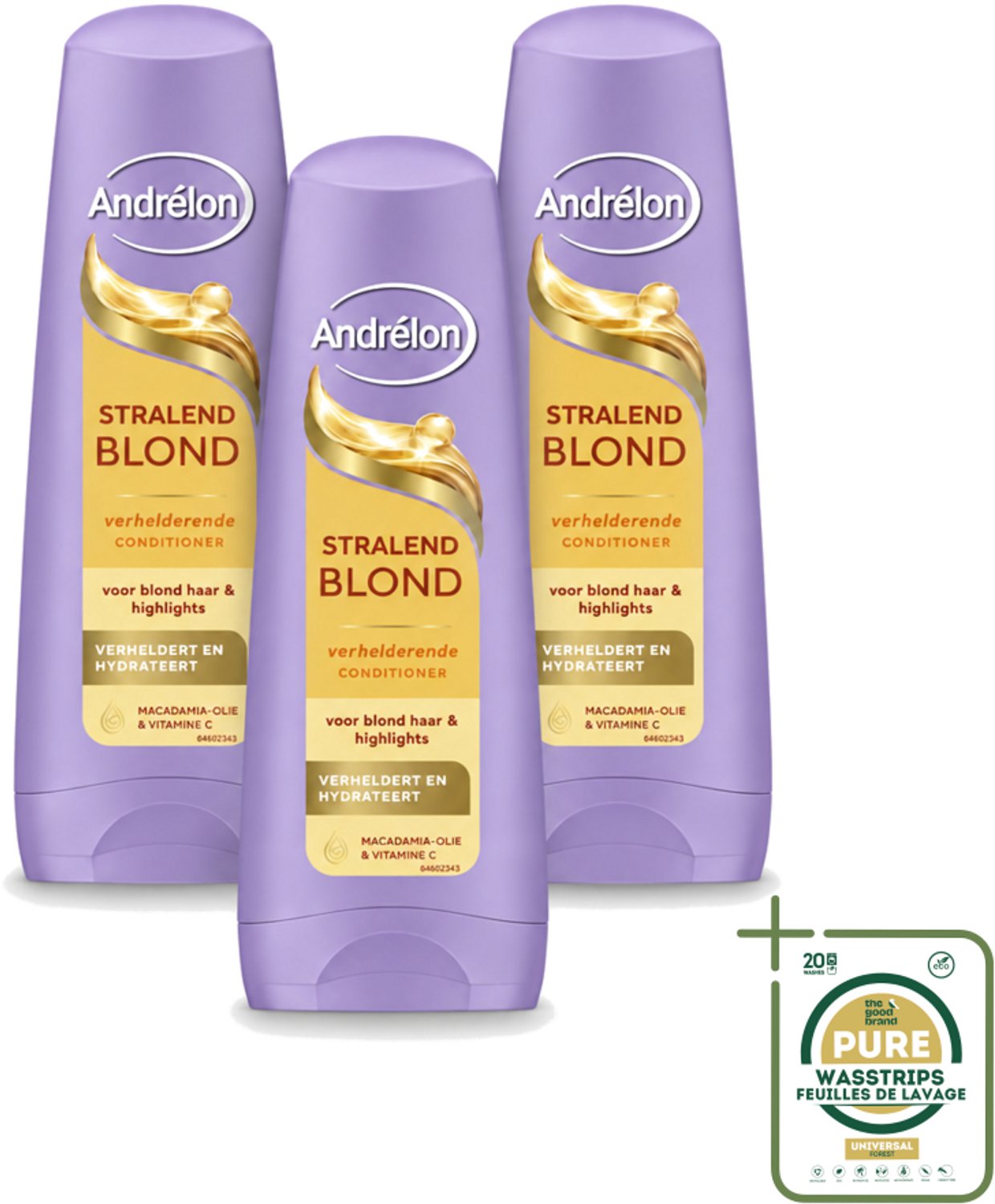 3 x Andrélon – Conditioner – Stralend Blond – 200 ml - Wasstrips - Blond Haar Verzorging - Verhelderende Conditioner - Glans Voor Blond Haar - Highlights Verzorging - Macadamia-olie Conditioner