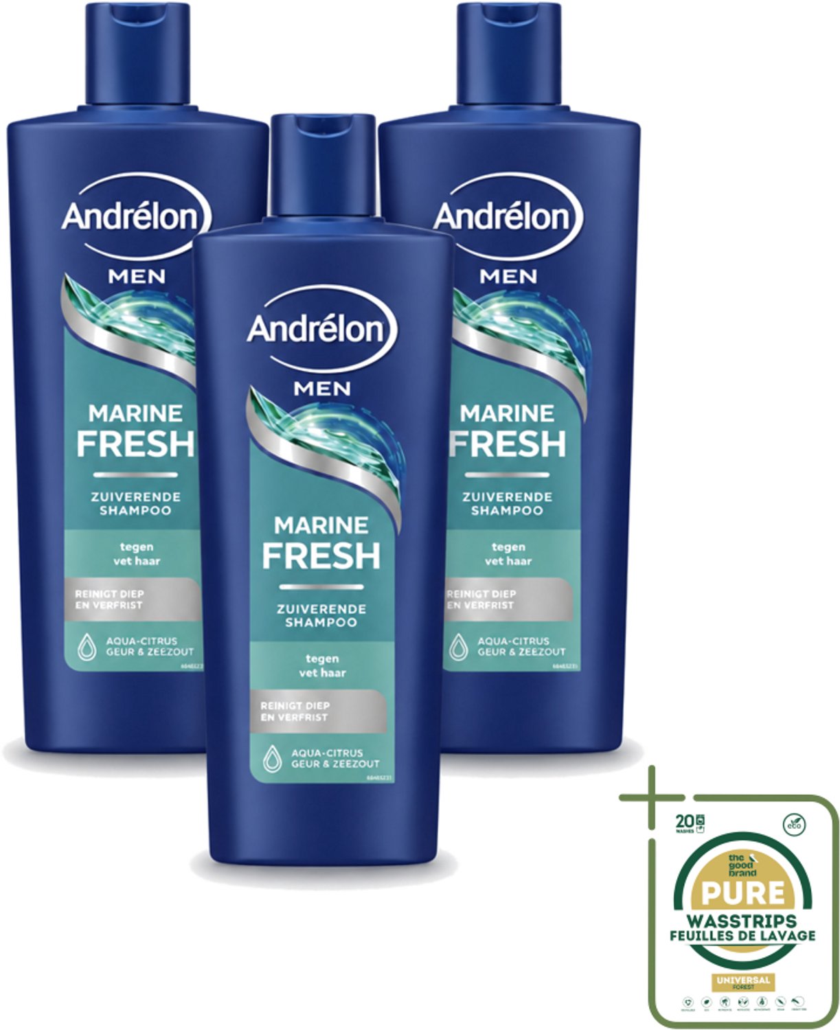 3 x Andrélon – Shampoo – Marine Fresh Men – 400 ml - Wasstrips - Manen Haar Reinigen - Vet Haar Reinigen - Stylingresten Verwijderen - Krachtig Shampoo - Zeezout Shampoo