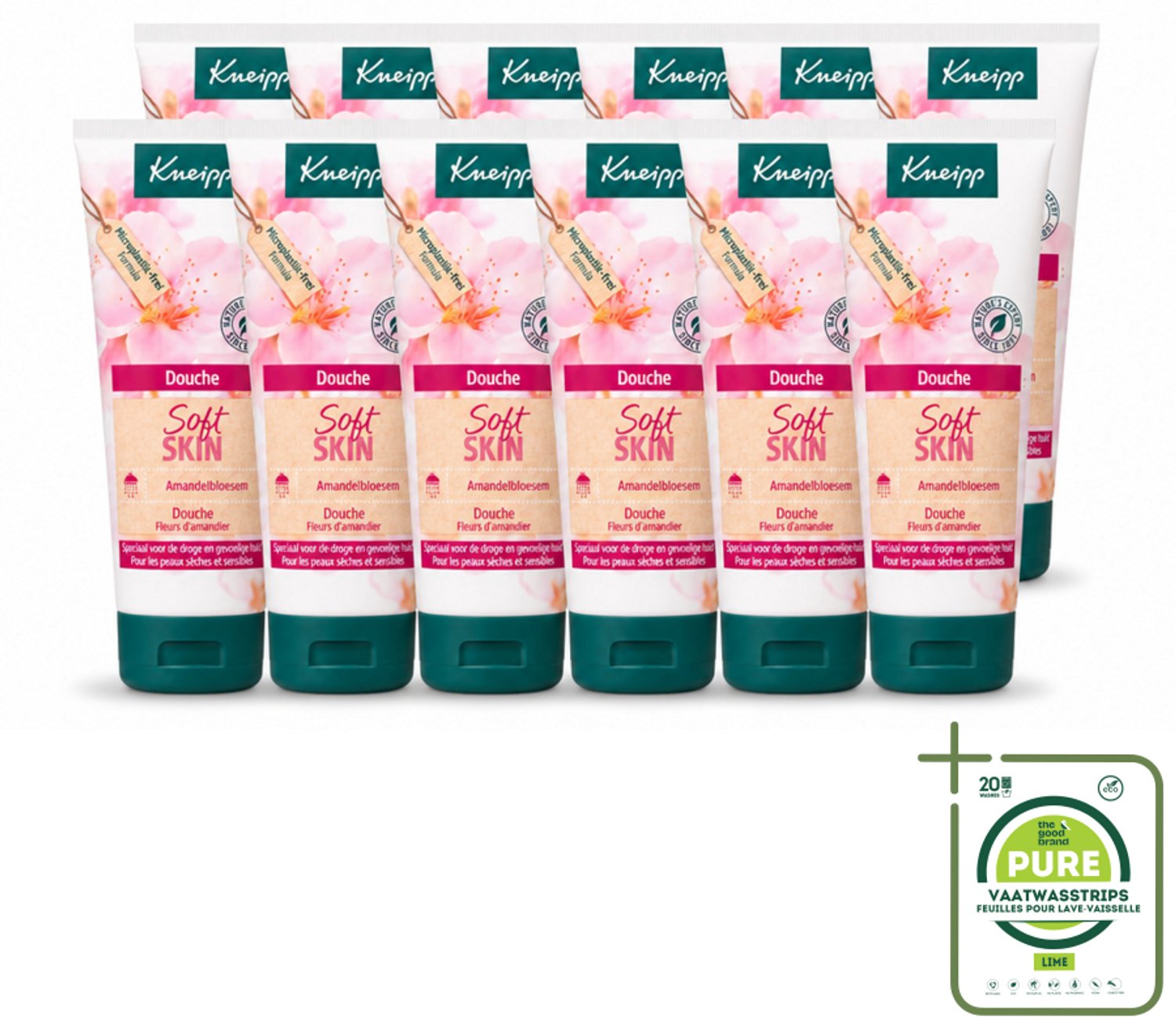 12 x Kneipp – Amandel – Douche – 75 ml - Grootverpakking - Vaatwasstrips - Douchegel - Amandelolie - Sheabutter - Droge Huid - Gevoelige Huid