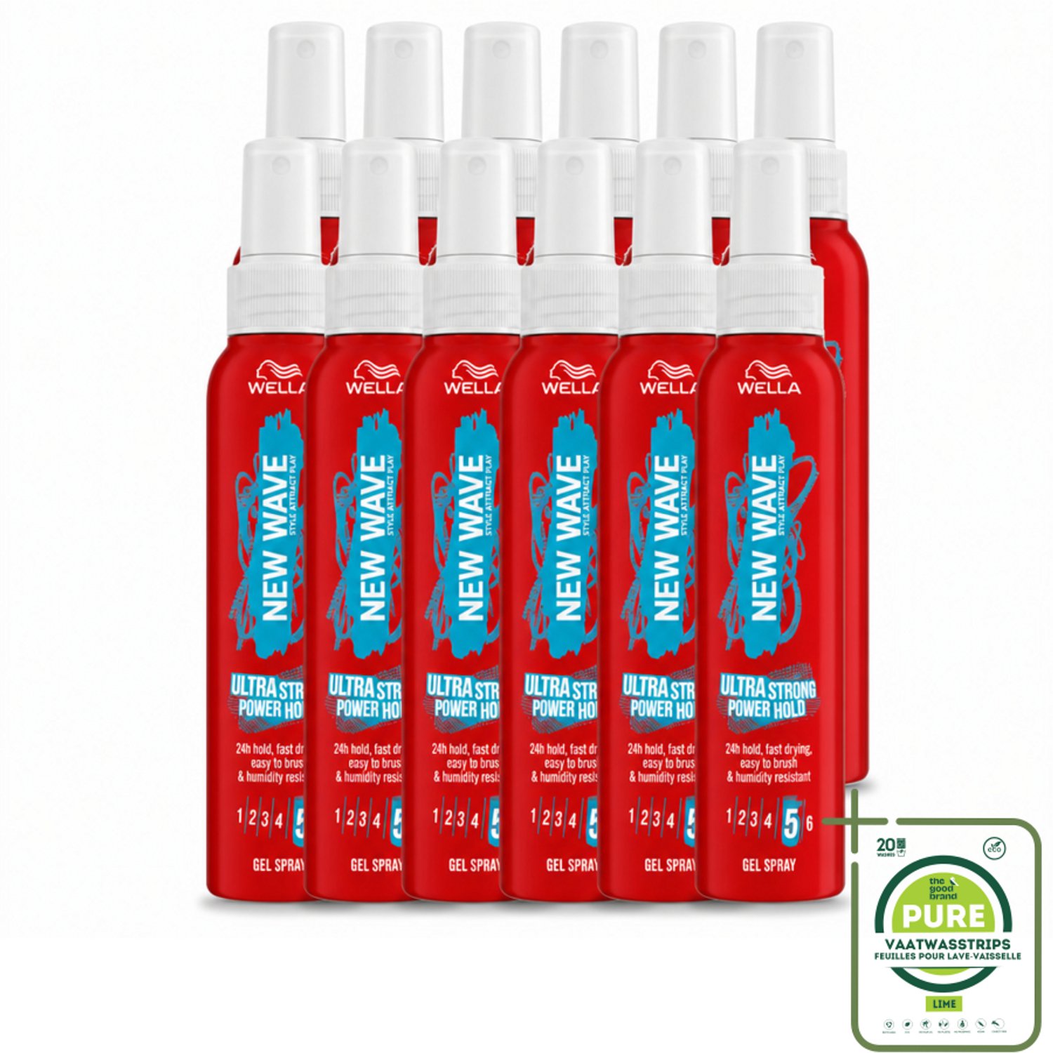 12 x Wella – New Wave Power Hold – Gelspray – 150 ml - Grootverpakking - Vaatwasstrips - Kapsel Stylen - Krachtige Hold - Styling Spray - Haar Fixeren - Gedefinieerde Kapsel
