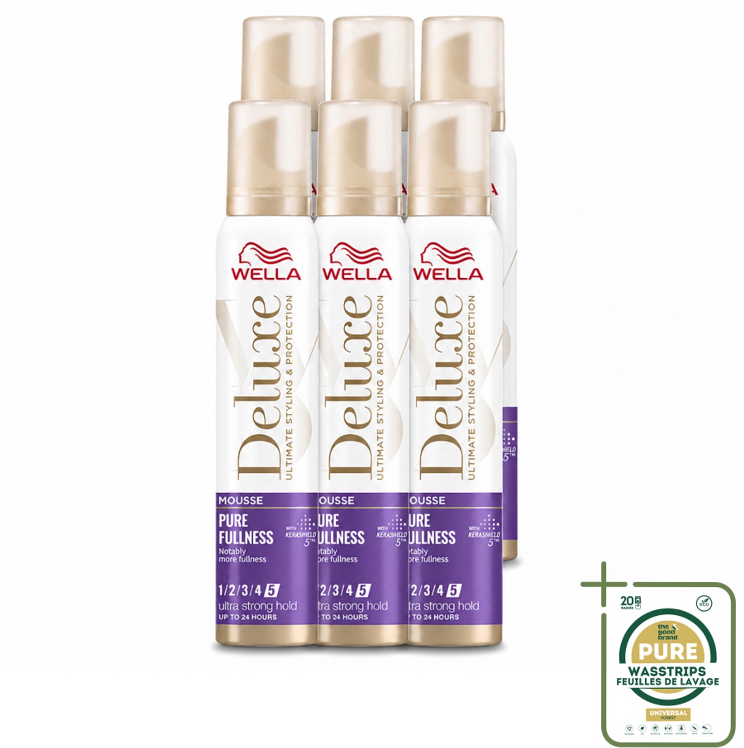 6 x Wella – Deluxe Pure Fullness – Haarmousse – 200 ml - Wasstrips - Haarmousse - Volume - Haarbescherming - Kerashield 5 - Anti-pluis