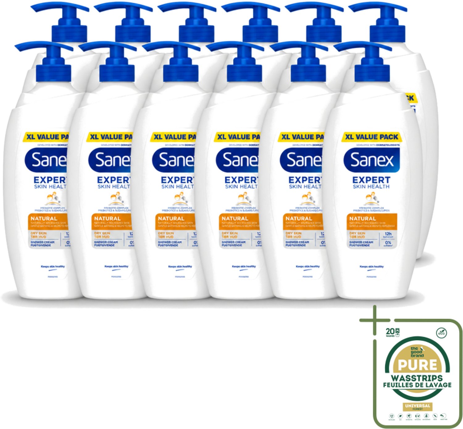 12 x Sanex – Douchecrème – Expert Skin Health Naturals – 750 ml - Wasstrips - Douchecrème - Gevoelige Huid - Natuurlijke Reiniging - Huidverzorging - Hydraterend