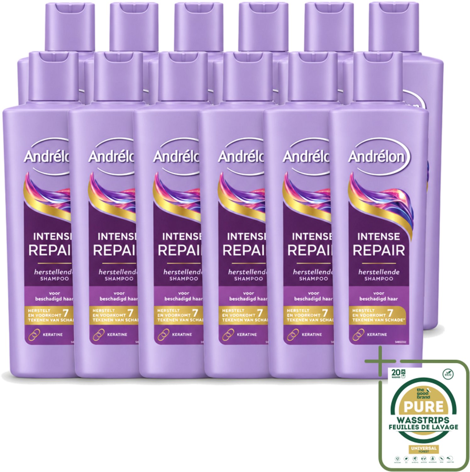 12 x Andrélon – Shampoo – Intense Repair – 250 ml - Wasstrips - Haar Herstellen - Beschadigd Haar - Keratine Shampoo - Haar Beschermen - Haar Herstel