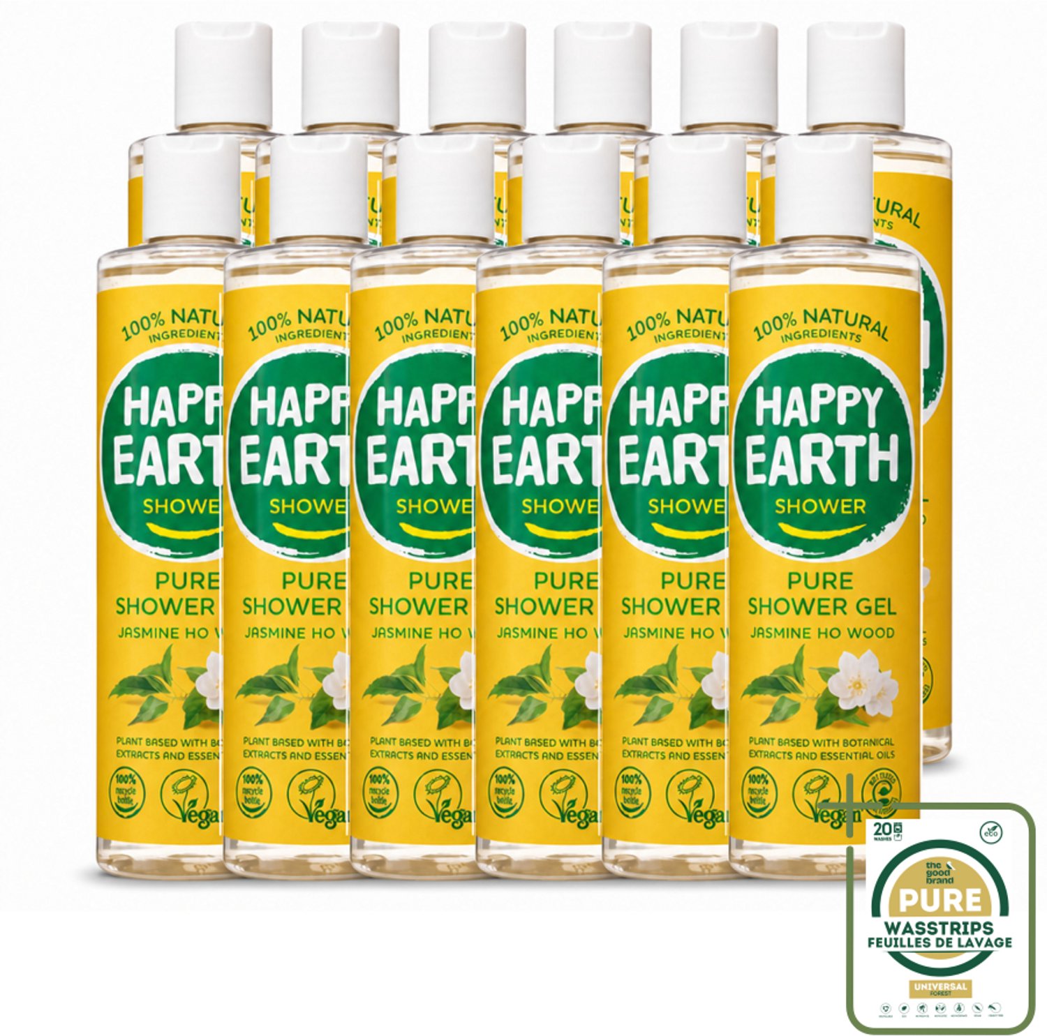 12 x Happy Earth – Douchegel – 100% Natuurlijk Jasmine Ho Wood – 300 ml - Wasstrips - Douchegel - Natuurlijke Douchegel - Vegan Douchegel - Jasmijn Douchegel - Ho Wood Douchegel
