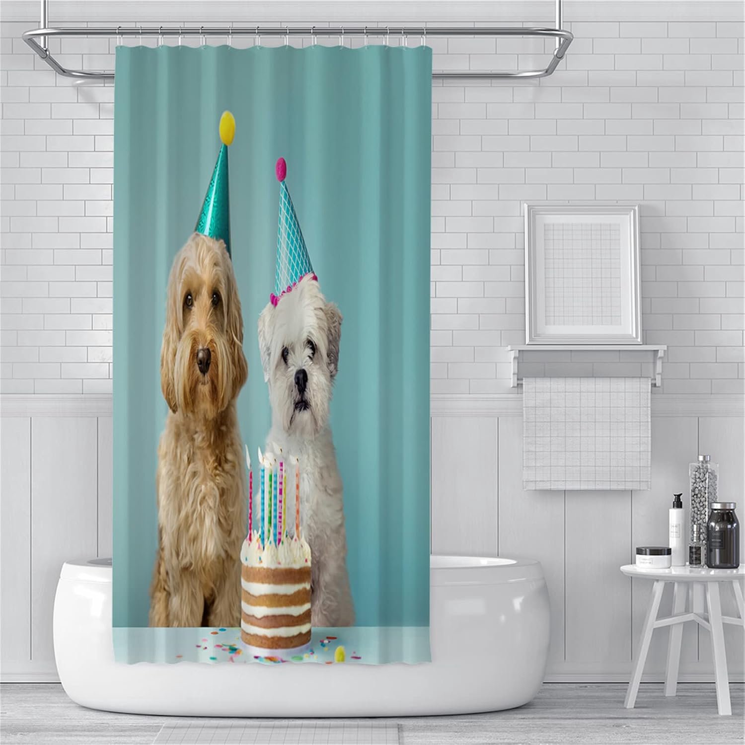 Douchegordijn 150x220cm extra lange douchegordijnen, schimmelbestendig, waterdicht, wasbare badgordijnen, gewogen badgordijnen met haken, 3D tuin buitendouche gordijn puppy blauw