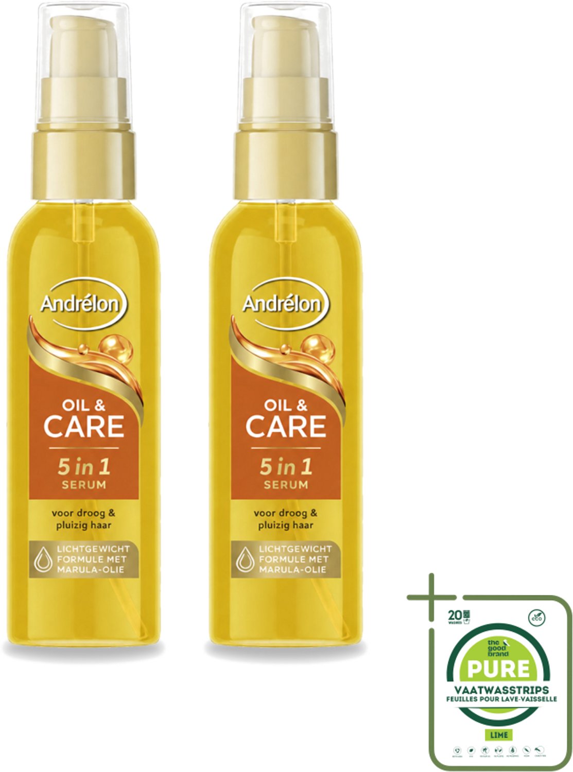 2 x Andrélon – Haarserum – Oil & Care – 75 ml - Grootverpakking - Vaatwasstrips - Haarserum - Pluisvrij Haar - Glanzend Haar - Haar Verzorging - Marula-olie