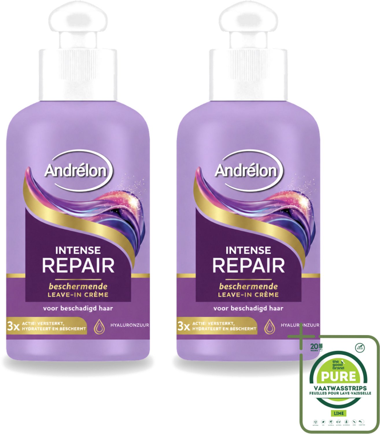 2 x Andrélon – Leave-In Crème – Intense Repair – 200 ml - Grootverpakking - Vaatwasstrips - Haarverzorging - Droog Haar - Beschadigd Haar - Hyaluronzuur - Leave-in Crème