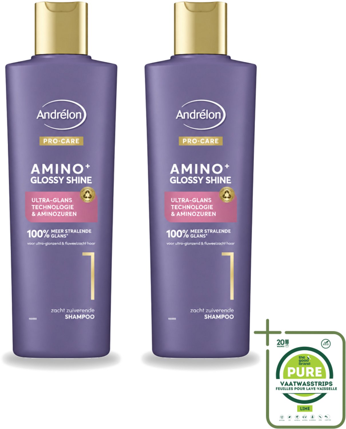 2 x Andrélon – Shampoo – Pro Care Amino+ Glossy Shine – 250 ml - Grootverpakking - Vaatwasstrips - Glans Haar - Zachtheid Haar - Stralend Haar - Gezond Haar - Stug Haar