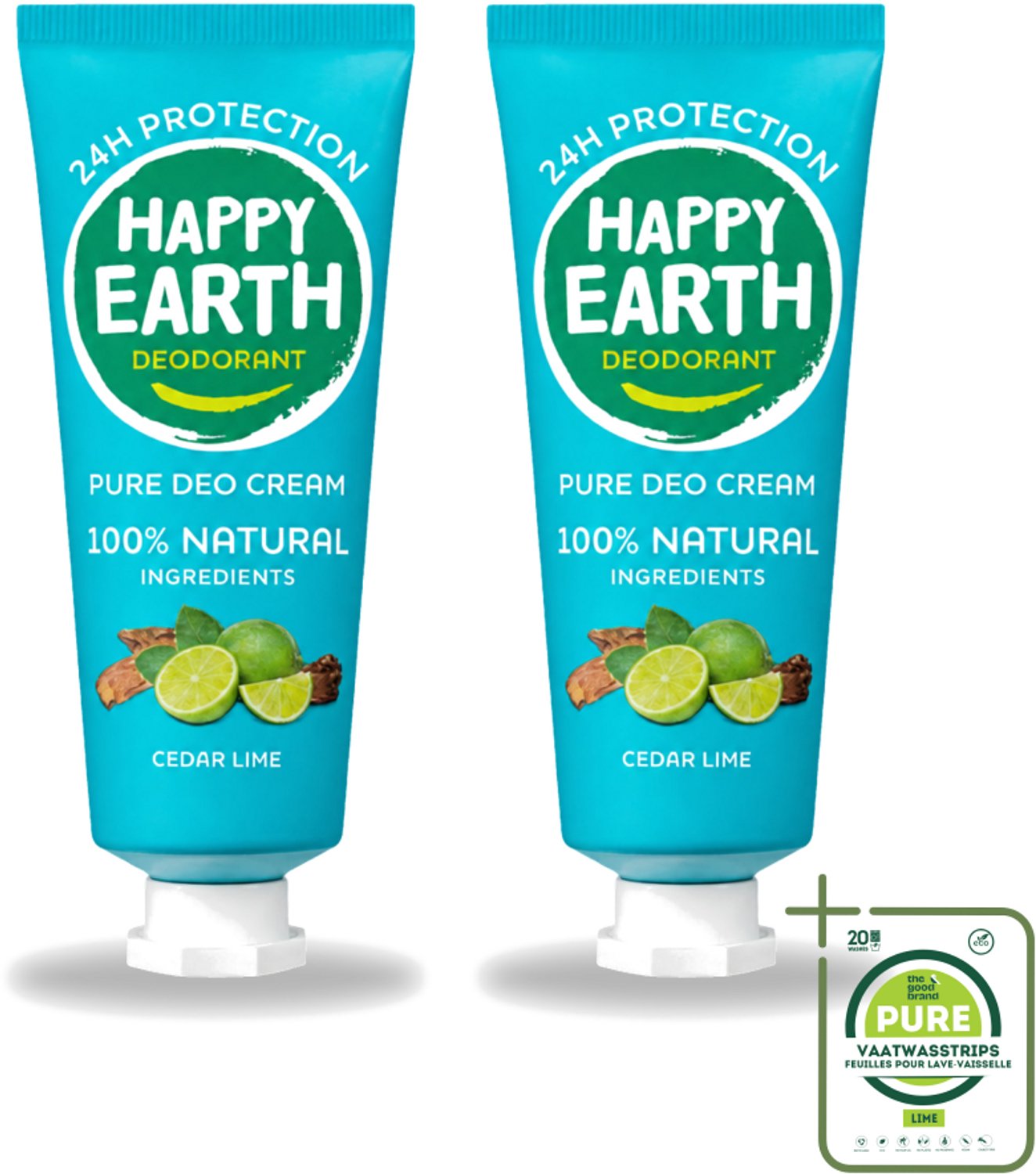 2 x Happy Earth – Deodorant Cream – 100% Natuurlijk Cedar Lime – 40 ml - Grootverpakking - Vaatwasstrips - Natuurlijke Deodorant - Deodorant Crème - Frisse Geur - Cederhout - Limoen