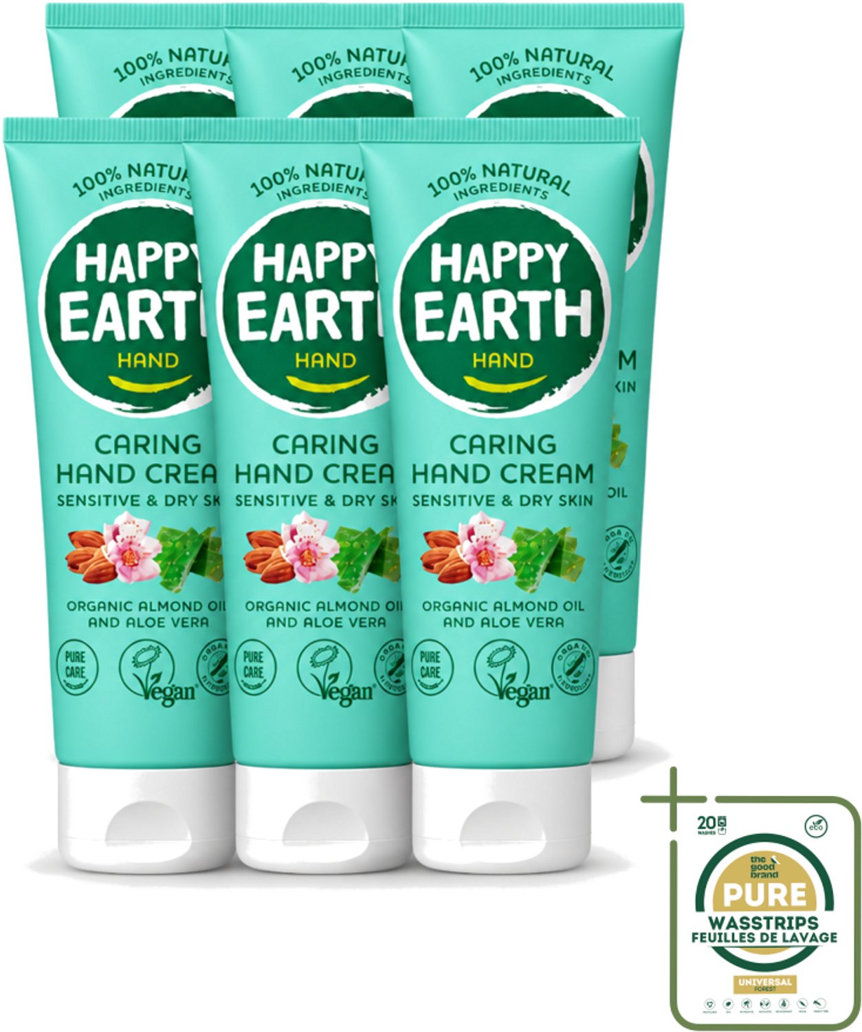 6 x Happy Earth – Handcrème – 100% Natuurlijk – 75 ml - Wasstrips - Natuurlijke Handcrème - Vegan Handcrème - Handcrème Voor Gevoelige Huid - Handcrème Met Amandel En Perzik - Handcrème Zonder Chemicaliën