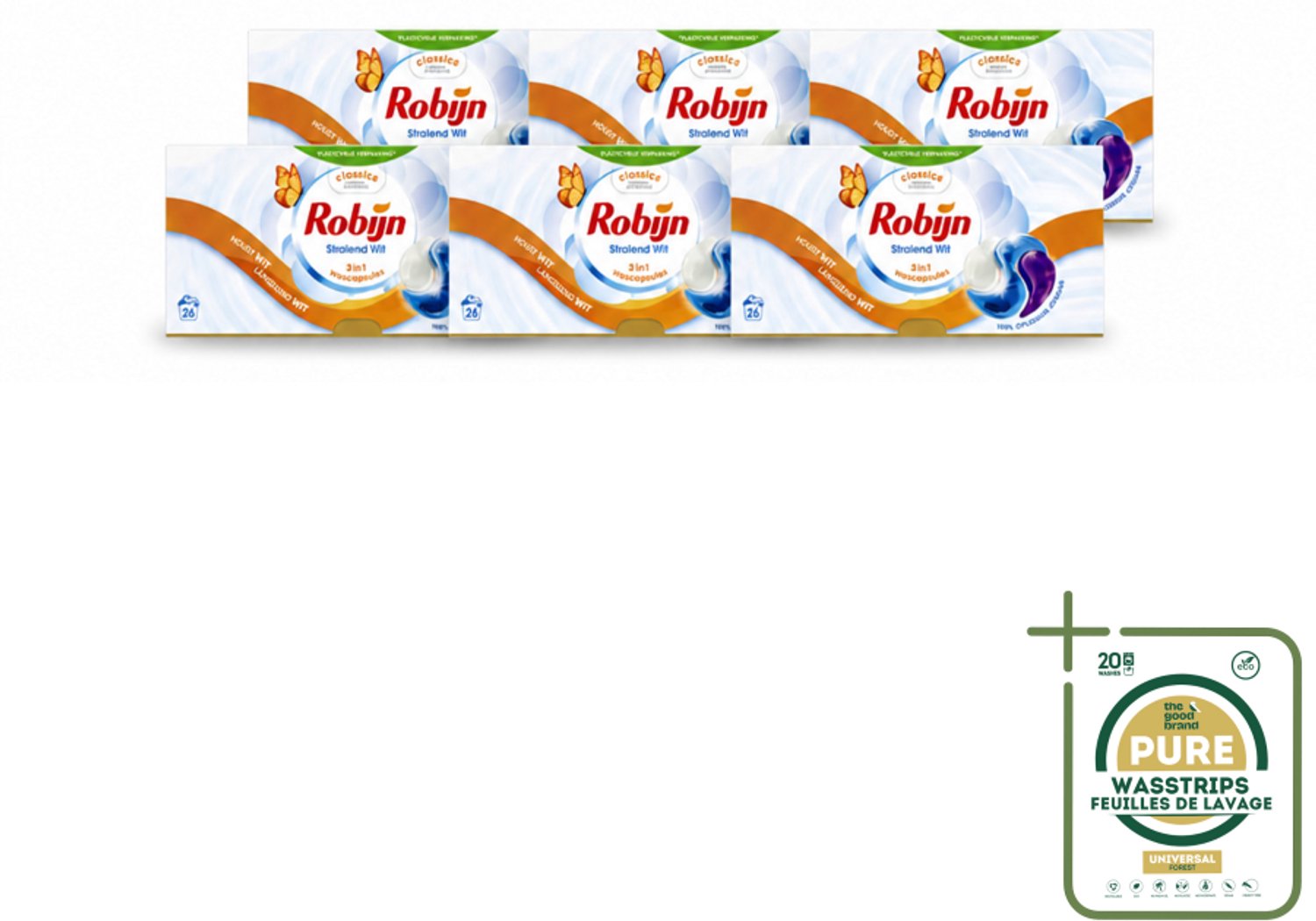 6 x Robijn – 3-in-1 Wascapsules – Stralend Wit - 26 Capsules - Wasstrips - Witwas - Wascapsules - Witmakers - Wasverzachter - Wasgeur