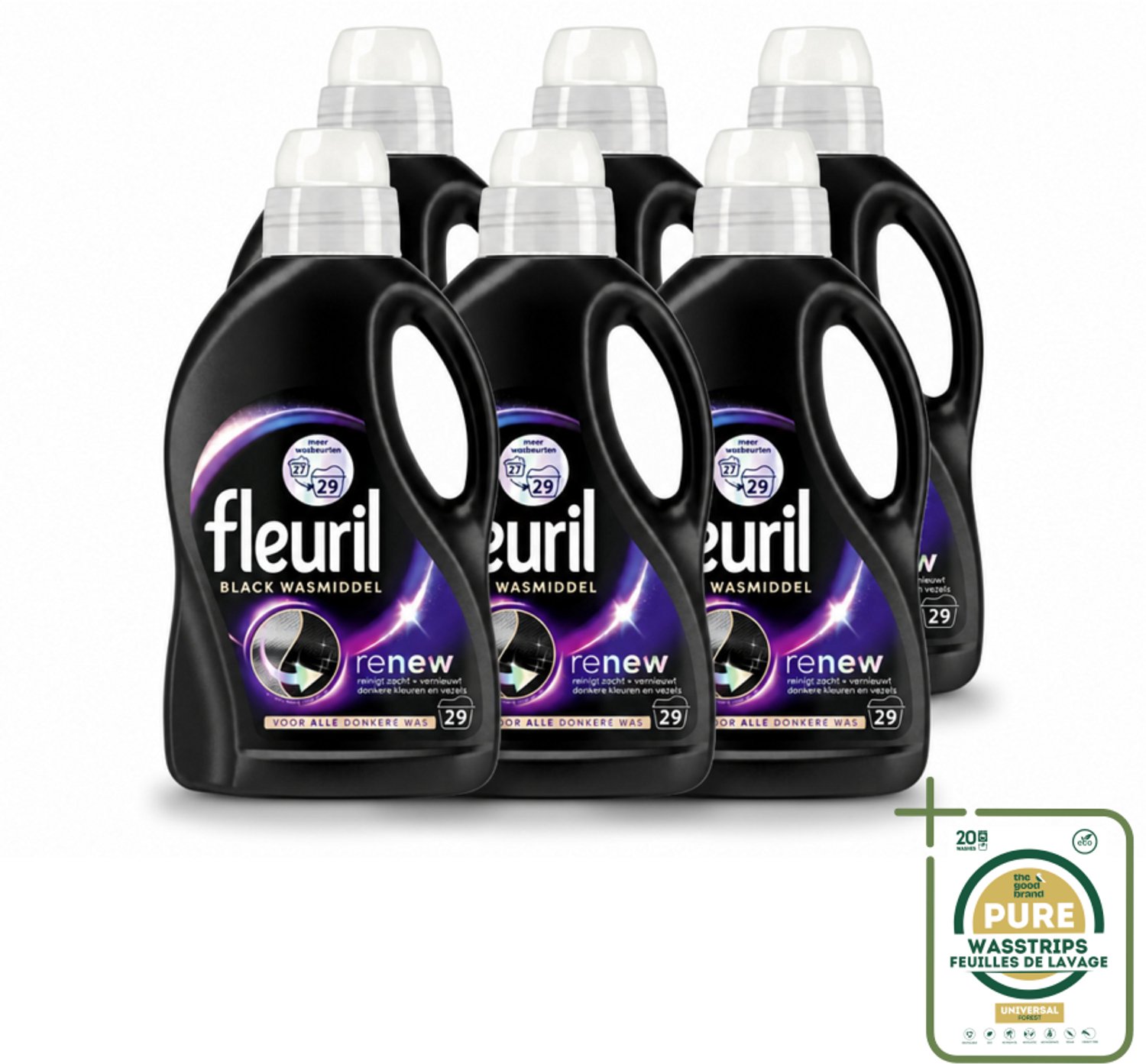 6 x Fleuril – Wasmiddel - Black – 29 wasbeurten – 1,305 L - Wasstrips - Wasmiddel Zwart - Kleurbehoud - Donkere Kleding - Anti-verkleuring - Wasmiddel Voor Zwart