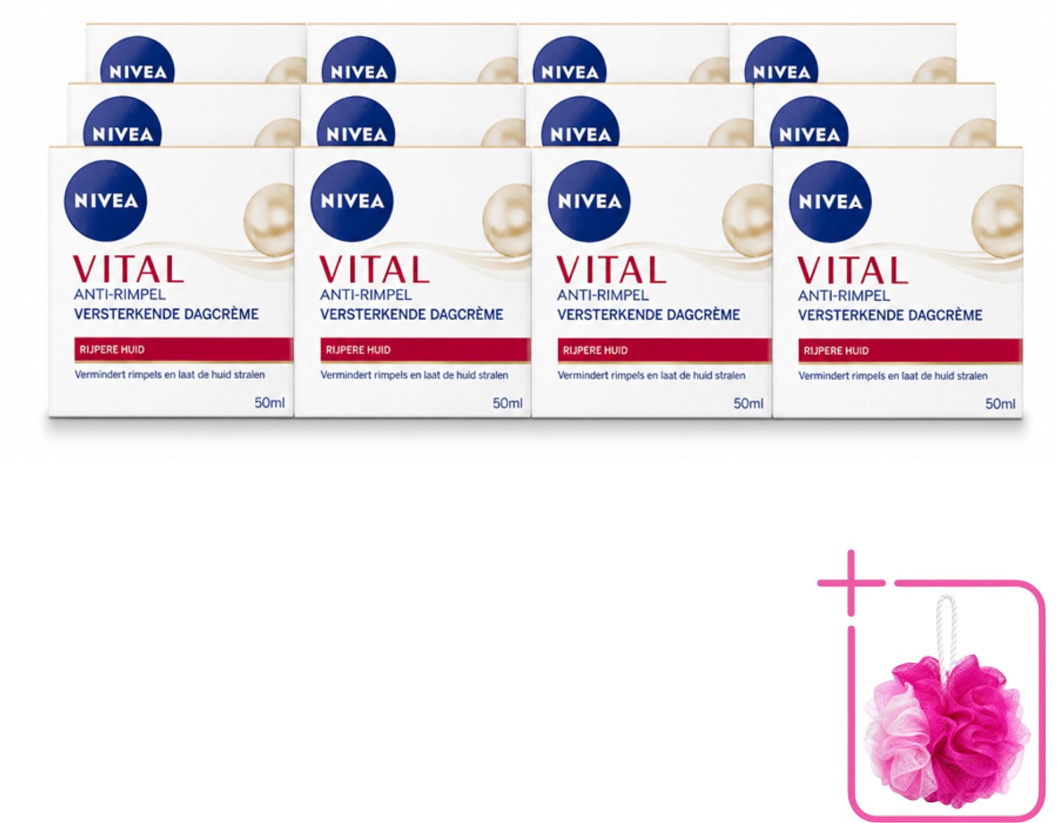 12 x NIVEA - VITAL Dagcrème - Anti-Rimpel Gezichtscrème - Versterkend - 50 ml - Bulkverpakking - Anti-rimpel crème - Douchemop - Gezichtsverzorging
