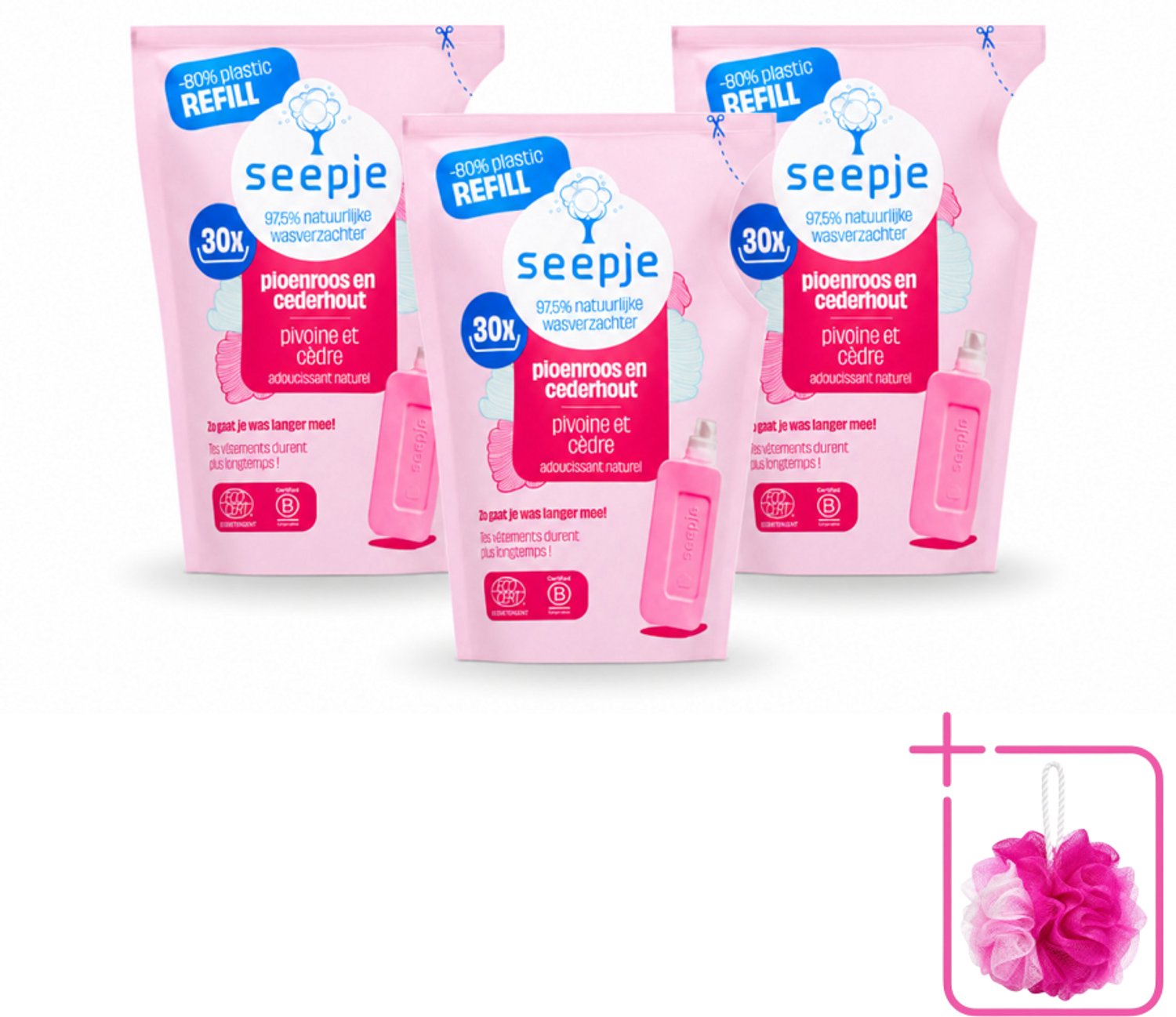 3 x Seepje - Wasverzachter - Duurzaam & Frisse Geur - Navulling - Pioenroos en Cederhout - 30 Wasbeurten - 750 ml - Bulkverpakking - Wasverzachter - Douchemop - Natuurlijke wasverzachter