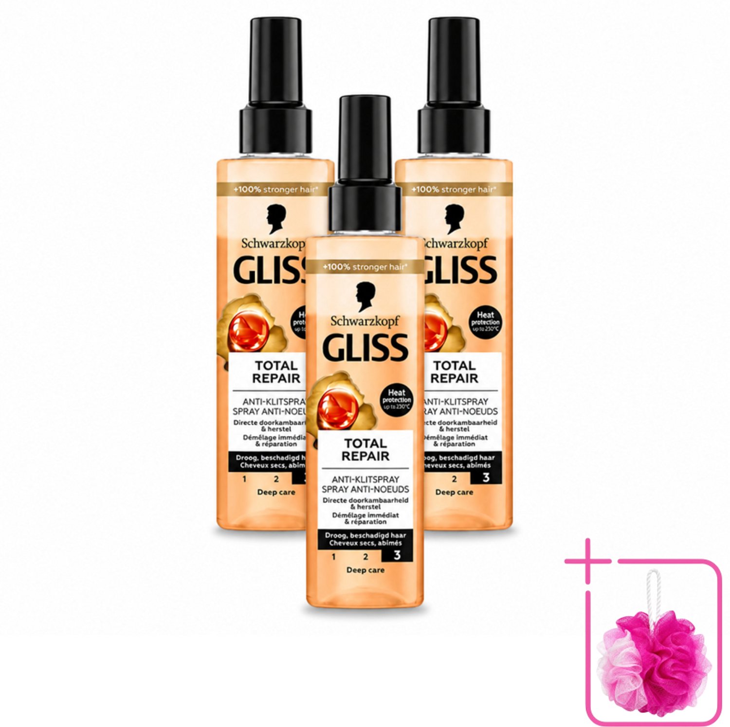 3 x Gliss - Total Repair Anti-Klit Spray - Voor Beschadigd en Droog Haar - 200 ml - Bulkverpakking - Haarkleur - Douchemop - Haarherstel