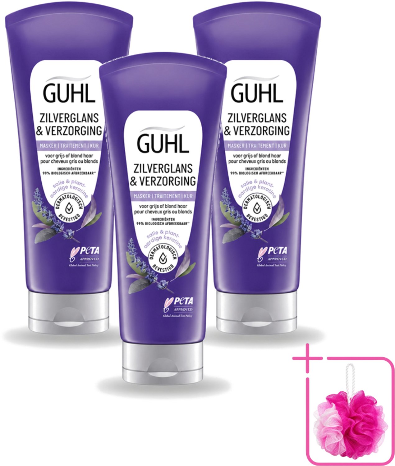 3 x Guhl - Haarmasker - Zilverglans & Verzorging Anti-Geel - 200 ml - Bulkverpakking - Anti-geel haarmasker - Douchemop - Geel gloed neutraliseren