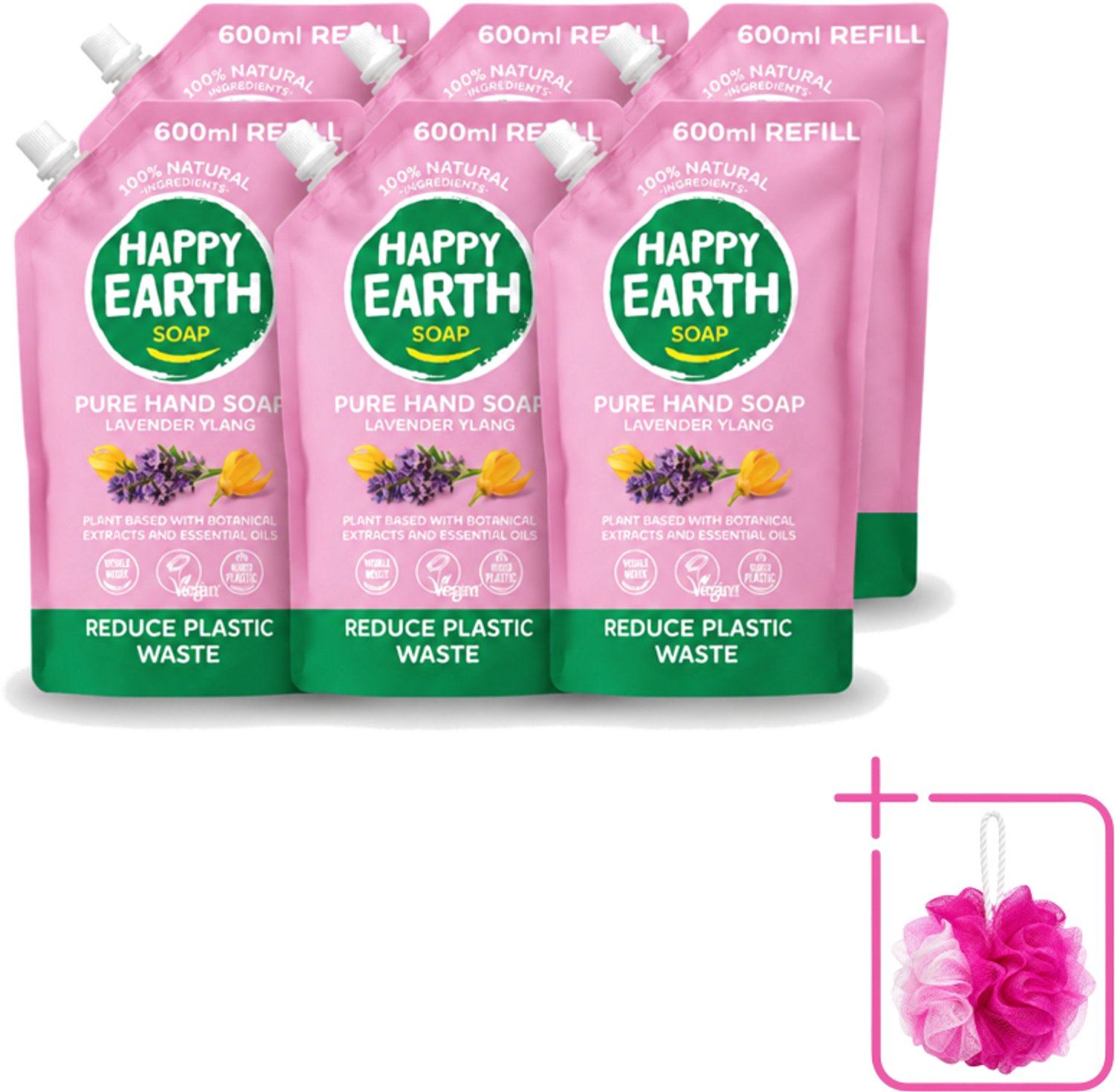 6 x Happy Earth – Handzeep Navulling – 100% Natuurlijk Lavender Ylang – 600 ml - Bulkverpakking - Natuurlijke handzeep - Douchemop - Navulverpakking