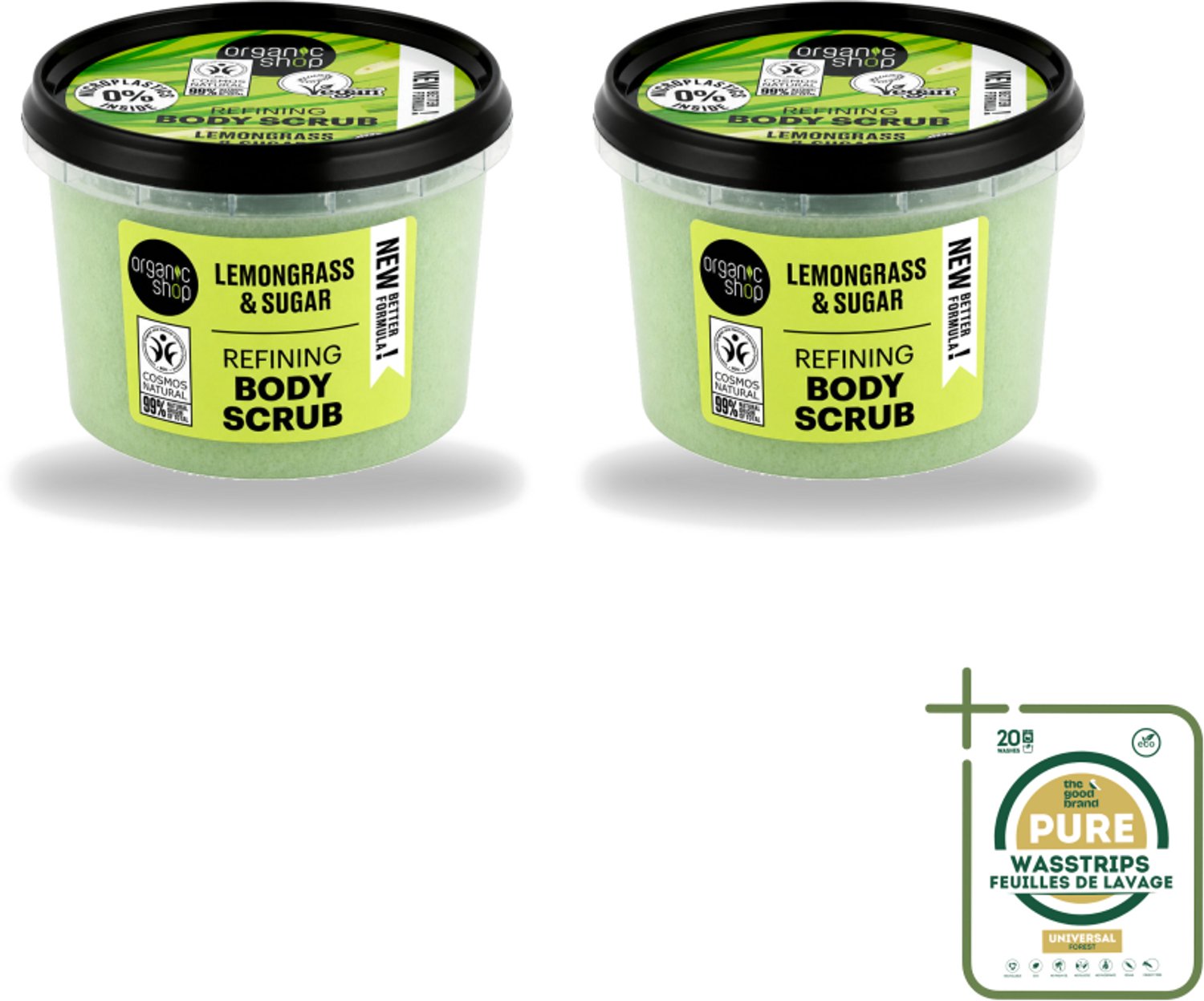 2 x Organic Shop - Body Scrub Lemongrass - Verfrissend en Verzorgend - 250 ml - Wasstrips - Bodyscrub - Huidpeeling - Citroengrasolie - Natuurlijke Huidverzorging - Exfoliatie