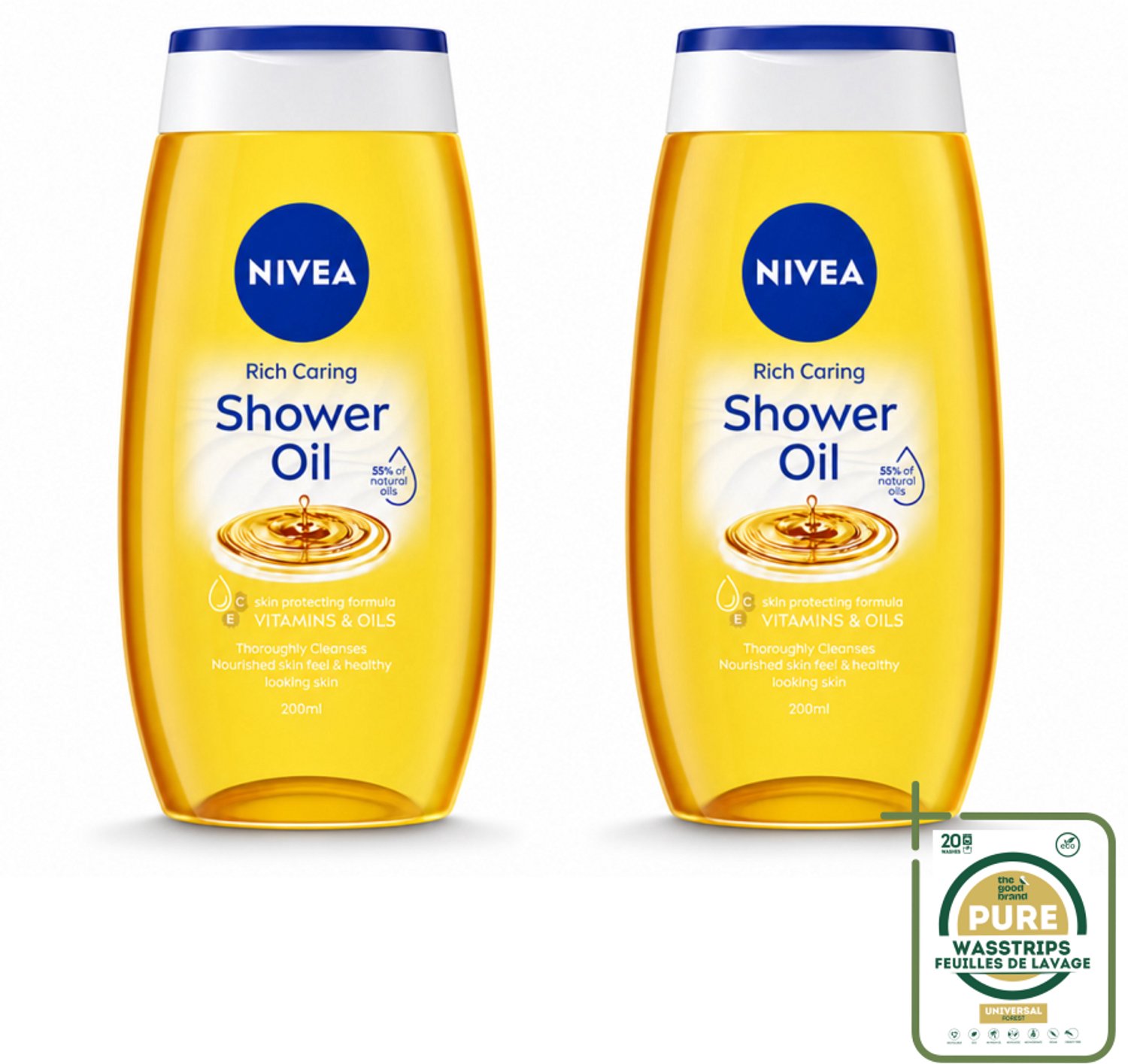 2 x NIVEA - Doucheolie - Natuurlijke Doucheolie - 200 ml - Wasstrips - Doucheolie - Natuurlijke Doucheolie - Huid Verzorging - Zachte Huid - Hydraterende Olie