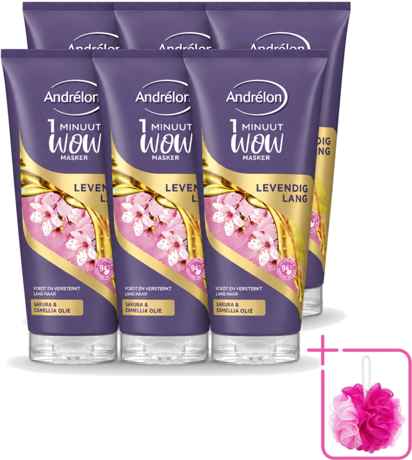 6 x Andrélon - WOW - Masker - Levendig Lang - 180 ml - Bulkverpakking - Haarmasker - Douchemop - Lang haar