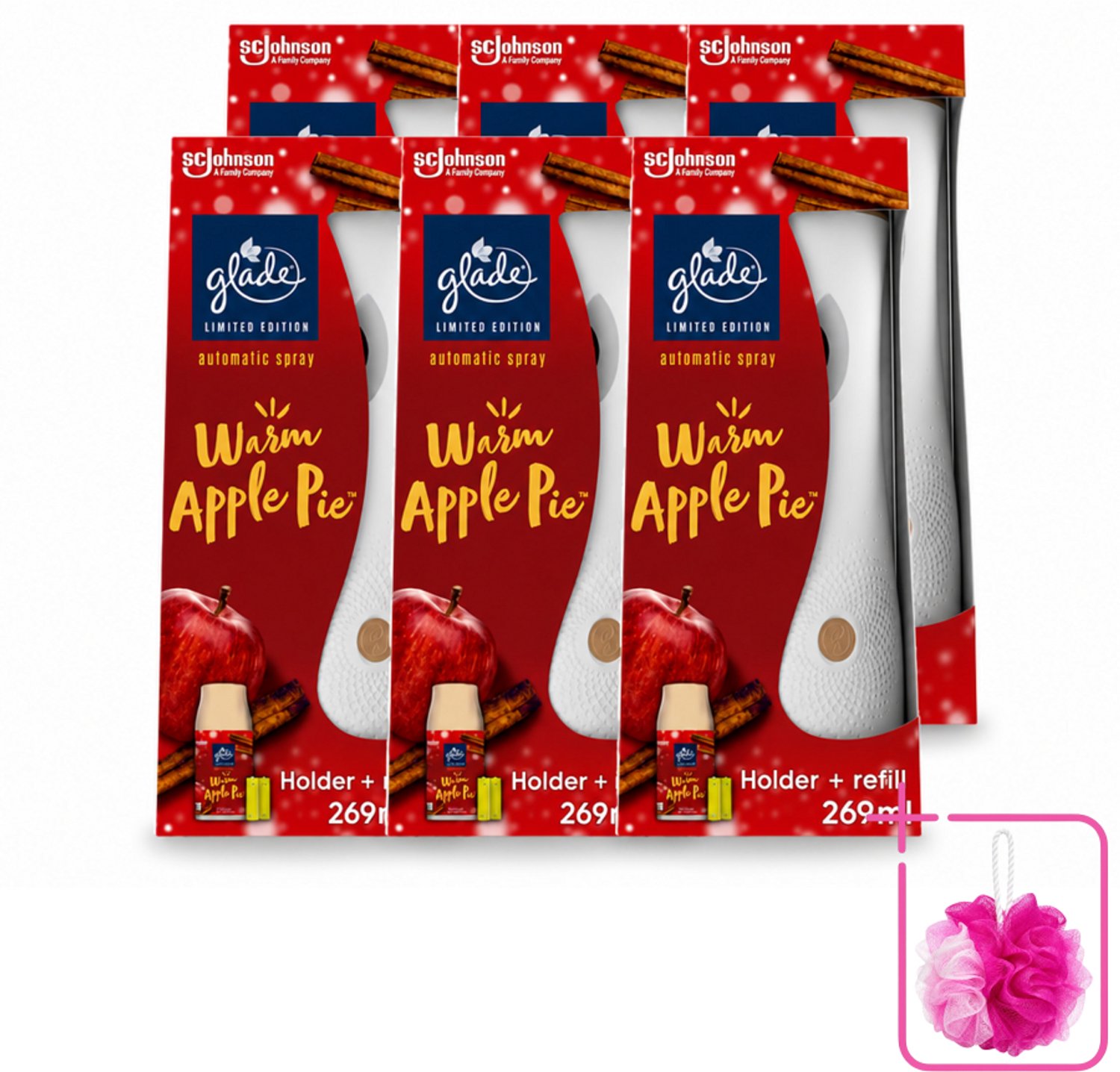 6 x Glade - Houder Automatische Spray - Warme Appeltaart Limited Edition - 269 ml - Bulkverpakking - Warm apple pie geur - Douchemop - Automatische geur
