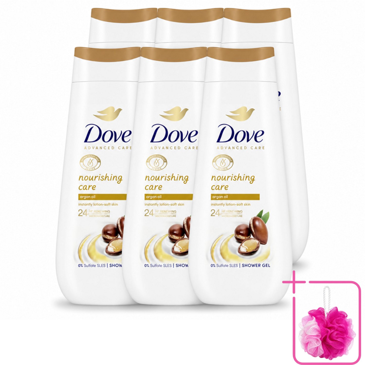 6 x Dove Douchecrème - Nourishing Care - Arganolie - 225 ml - Bulkverpakking - Douchegel - Douchemop - Voedende huid