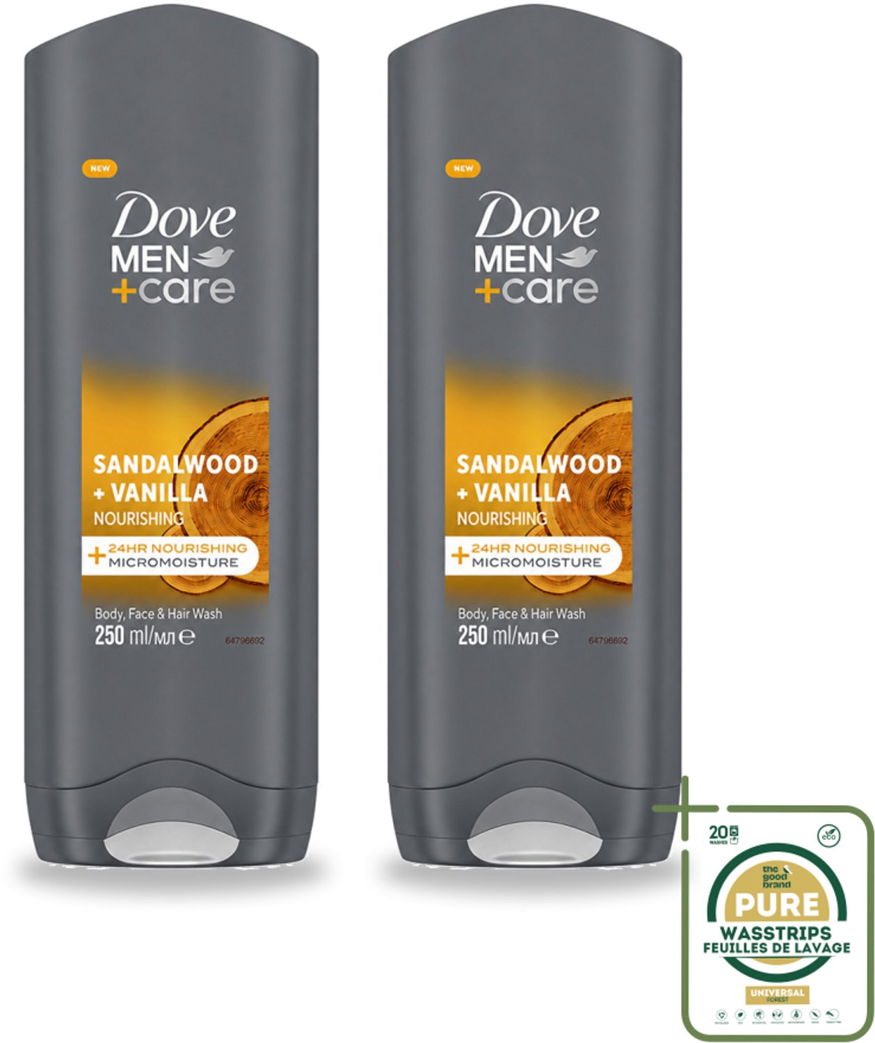 2 x Dove – Douchegel – Men+Care Sandalwood & Vanilla – 250 ml - Wasstrips - Douchegel Mannen - Huid Verzorging - Mannelijke Huid - Hydraterende Douchegel - Douchegel Voor Mannen