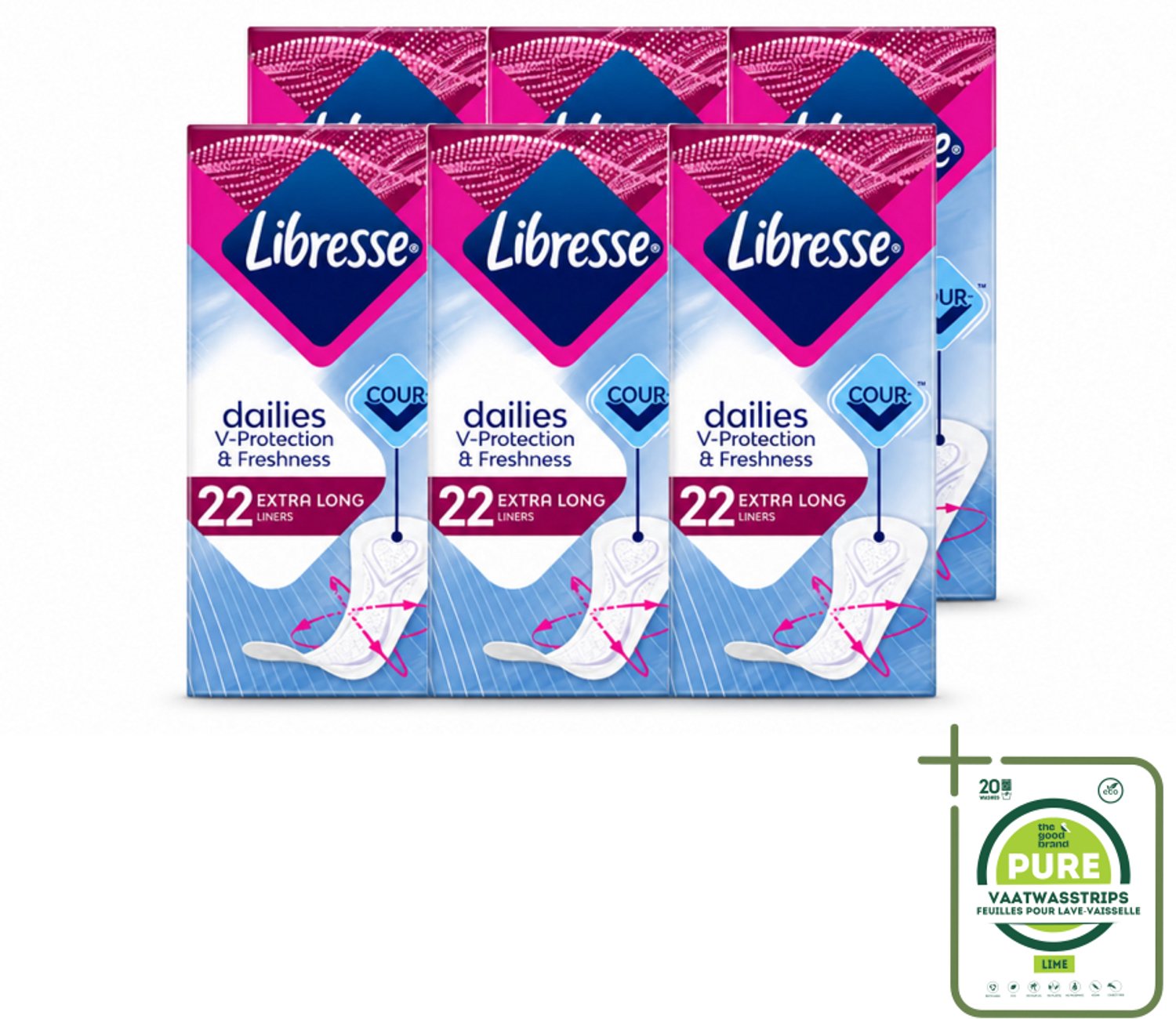 6 x Libresse – Inlegkruisjes – Extra Long – Langdurige bescherming – 22 Inlegkruisjes - Grootverpakking - Vaatwasstrips - Inlegkruisjes - Extra Lang - Bescherming - Comfort - Absorberend