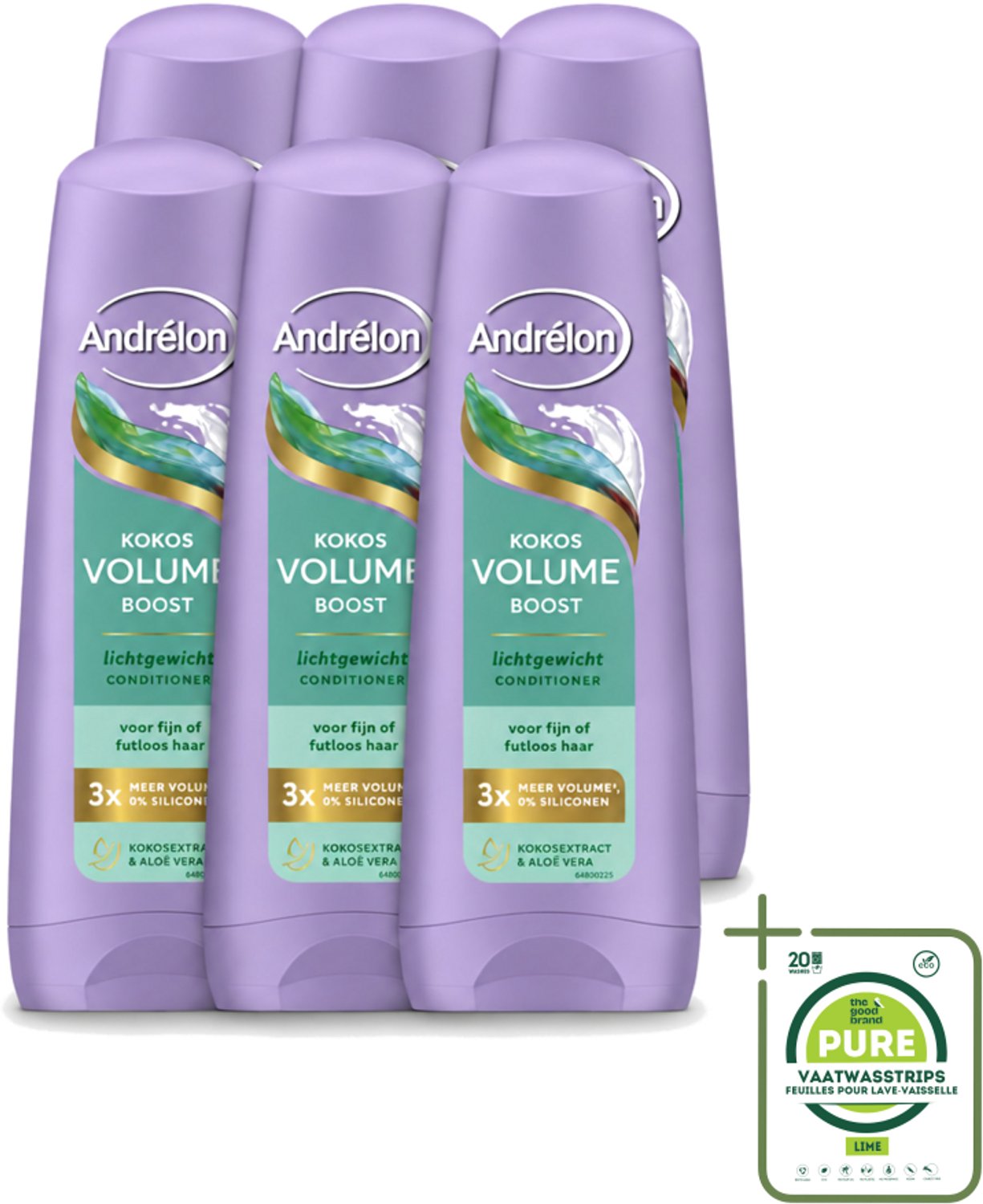 6 x Andrélon – Conditioner – Volume Boost – 200 ml - Grootverpakking - Vaatwasstrips - Volume Boost Haar - Kokos Conditioner - Futloos Haar - Luchtig Haar - Volume Haar