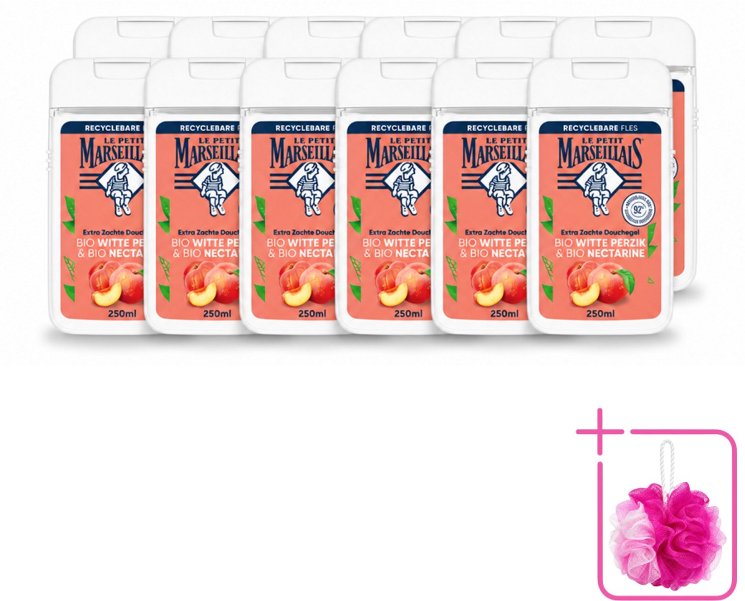 12 x Le Petit Marseillais – Douchegel – Bio Perzik & Nectarine – Verfrissend – 250 ml - Bulkverpakking - Douchegel bio perzik en nectarine - Douchemop - Frisse douchegel