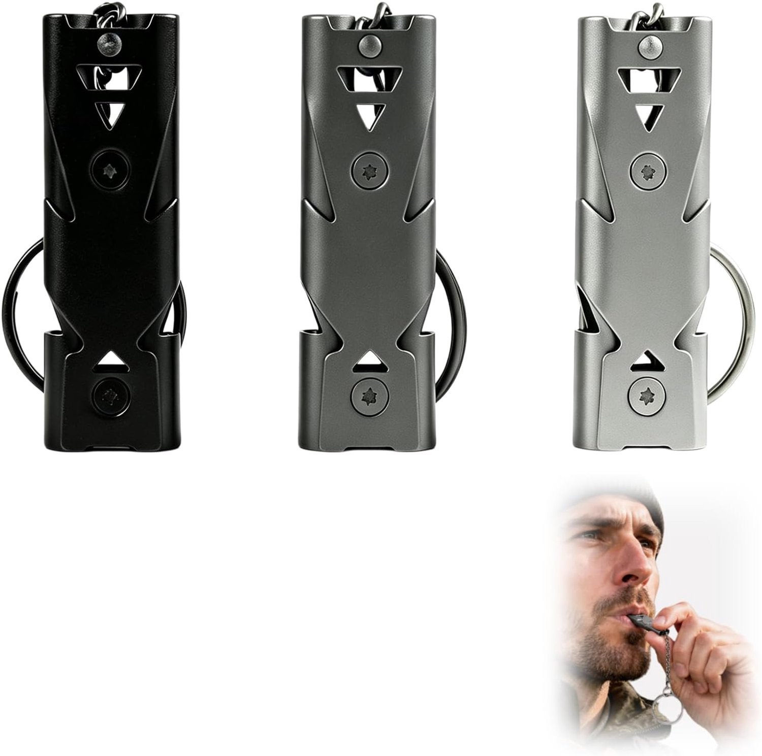 Set van 3 noodfluitjes van roestvrij staal, 150 dB