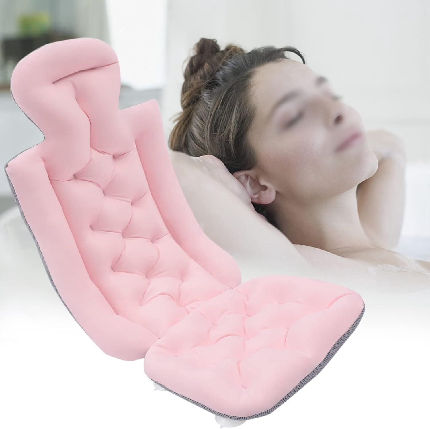 Badkussen voor het hele lichaam met zuignappen 113x40cm antislip badmatje met kussen matras zacht badkuip nekkussen badkuipinleg voor rug, nek en hoofd (roze)