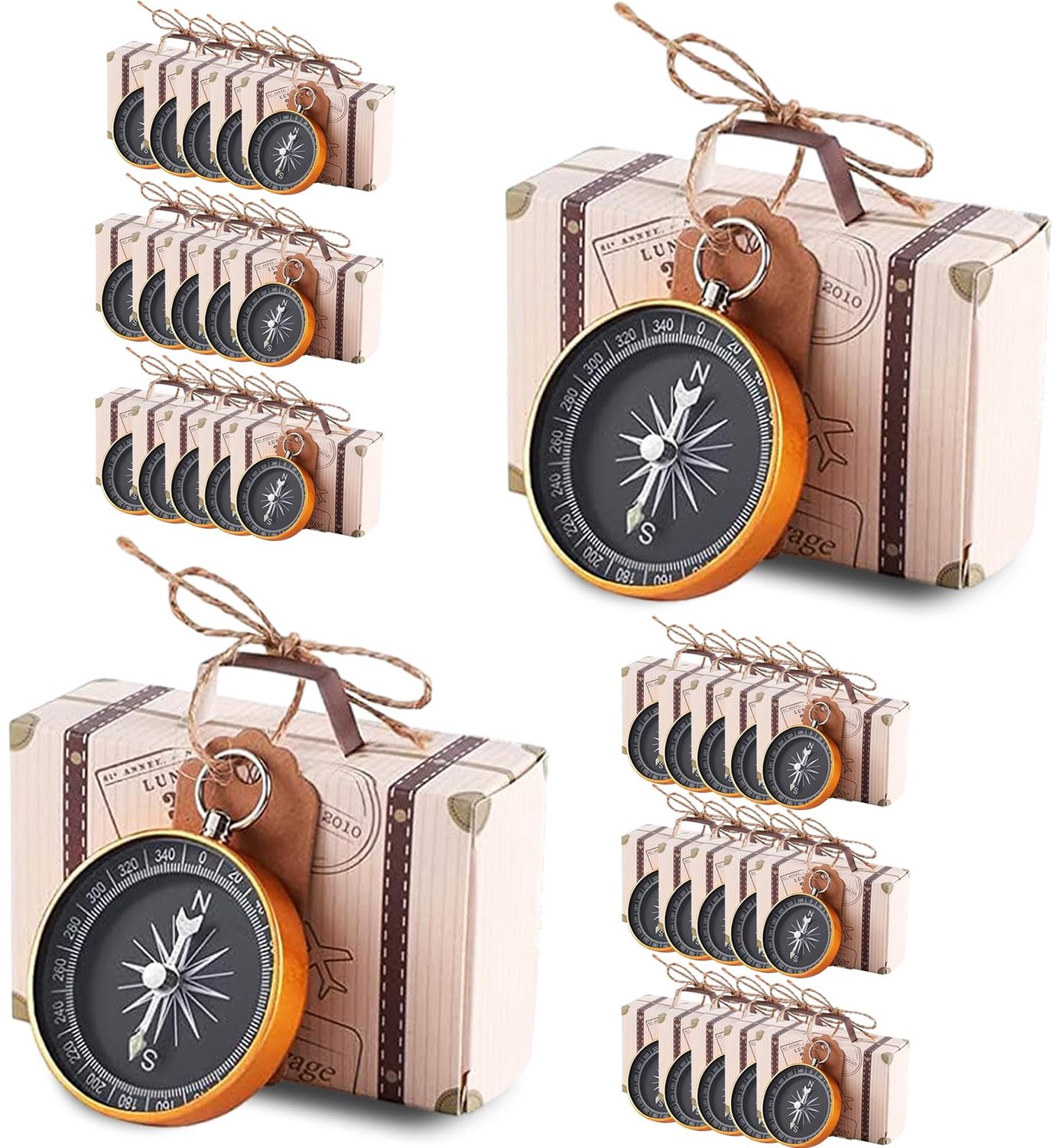 30 stuks Mini Kompas + Mini Koffer Snoepdoos Creatief Thema Bruiloft voor Gasten met Kraft Tags en Jute Touw - Bruiloften Reizen Thema Feestdecoraties