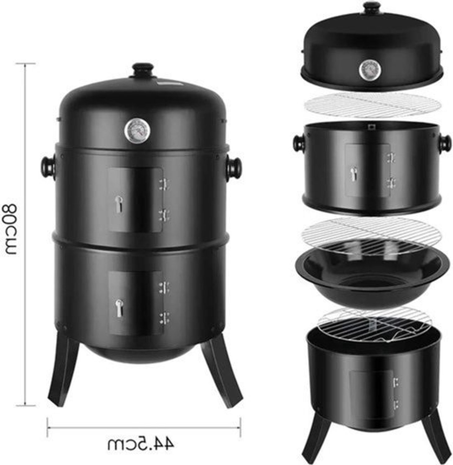 BBQ - BBQ Houtskool - Smoker - 3-in-1 - Ø45cm - Verticale - Barbecue - met Thermometer, Deksel en 2 Roestvrijstalen Roosters – Klassiek Model voor Buiten - Rookoven - Ronde