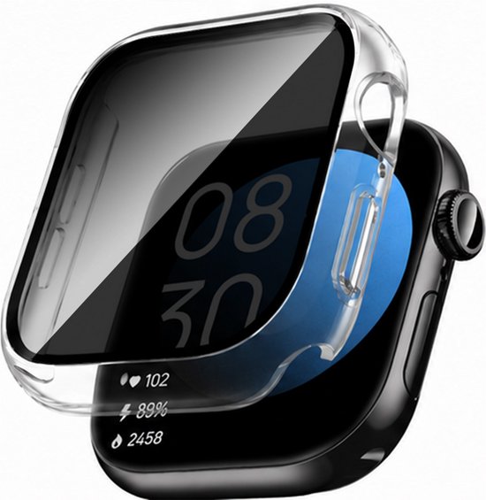 Transparant beschermhoesje voor smartwatch, geplaatst boven een zwart horloge.