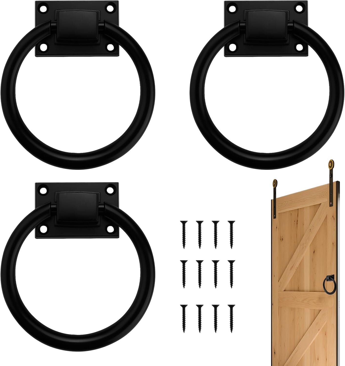 Set van 3 zwarte schuifdeurringen met schroeven, zinklegering deurgreep, outdoor ringgreepgreep voor garage, boerderij, hal, hek, kast, laden (zwart)