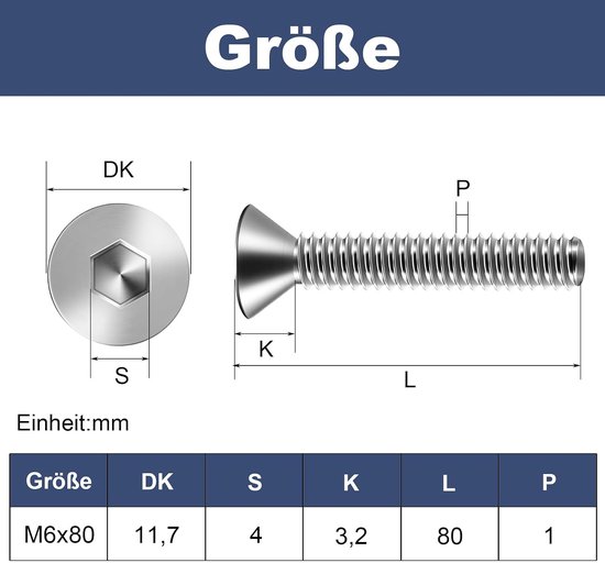 10 stuks M6 x 80 mm verzonken schroeven roestvrij staal schroeven — afbeelding 5