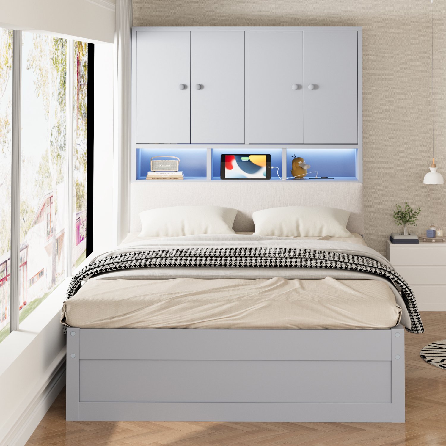 Merax Eenpersoonsbed 90 x 200 cm - met opbergvak - LED-verlichting en stopcontact - met lade - grijs - zonder matras
