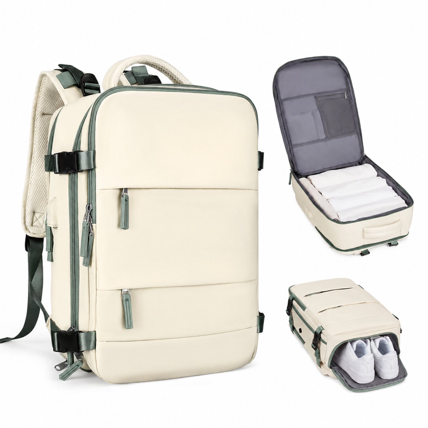 Rugzak - middelgroot met 4 vakken - voor recreatief reizen - beige met groen