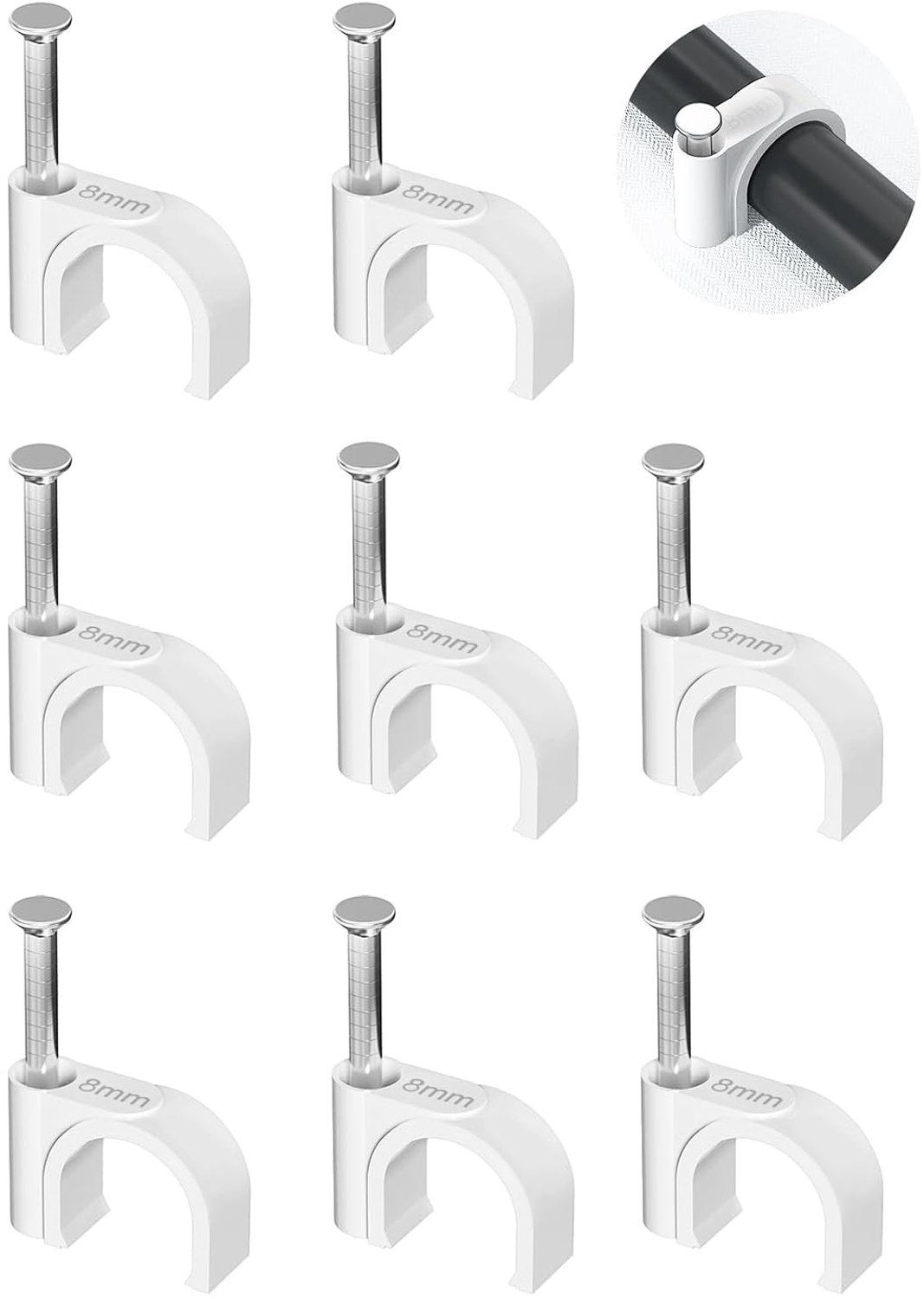 Jadaol 100 stuks 8 mm kabelclips met spijkers, ronde Ethernet-kabel muurclips, LAN-netwerkkabeltacks, coax en luidsprekerdraadclips, internet-patchkabelclips voor Cat5/Cat5e/Cat6/Cat6a/Cat7/Cat8